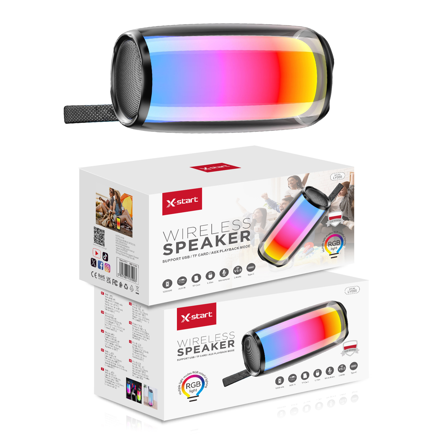 13199 LY055 无线彩灯音响 Black RGB Bluetooth Speaker, 3.7V/1200mAh, BT 5.0, RGB Color, 2.4G Wireless Transmission, TYPE-C, Supports External AUX, TF Card, FM, etc., ABS+PC - Image 1