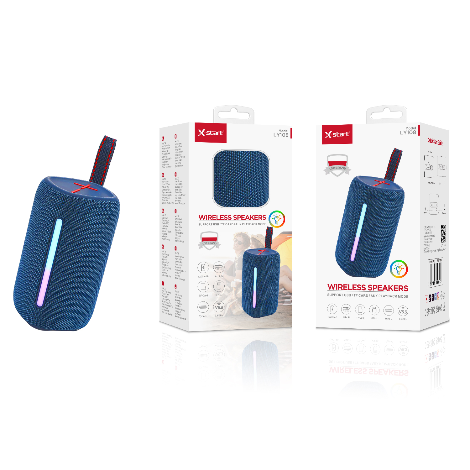 14016 LY108 无线蓝牙音响Blue Wireless Bluetooth Speaker 3.7V/1200mAh TYPE-C BT 5.3 2.4G Supports USB flash drive, FM TF card, FM 3.5mm external connector ABS shell + fabric mesh cover - Image 1