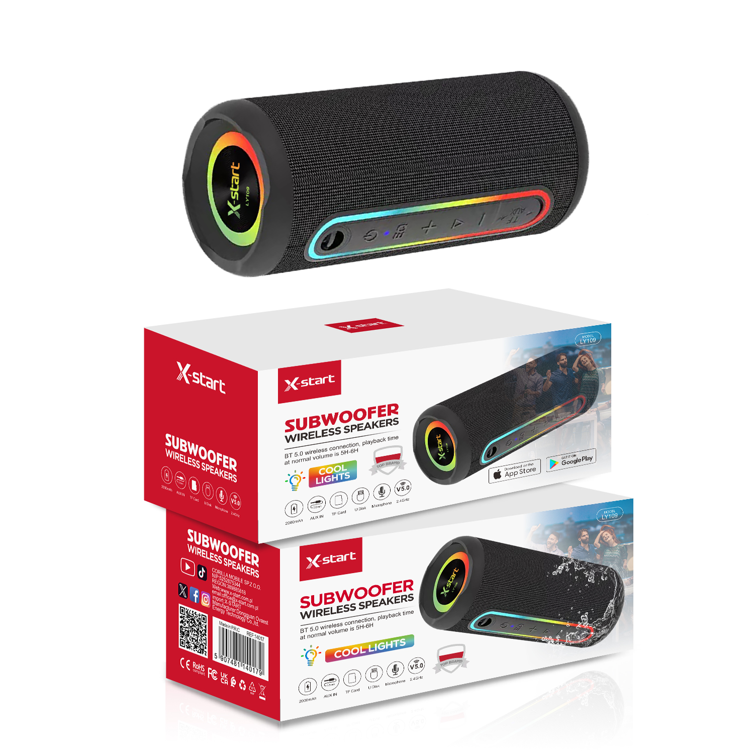 14017 LY109 幻彩蓝牙音响 Blue Colorful Bluetooth Speaker, RGB Color, 3.7V/2000mAh, TYPE-C, BT 5.3, 2.4G, supports USB flash drive, FM radio, TF card, FM radio. 3.5mm external connector, ABS shell + fabric mesh cover - Image 1