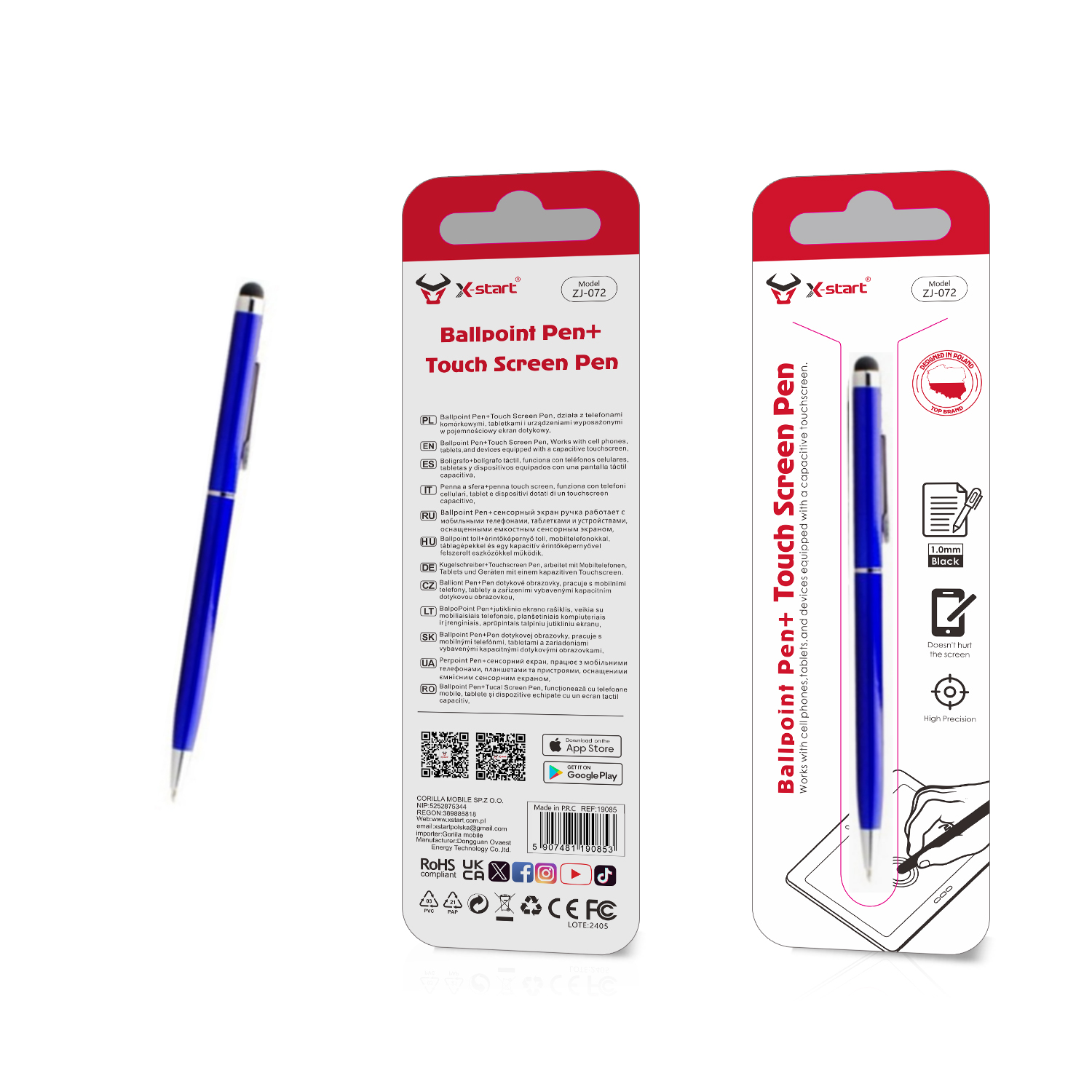 19087 ZJ072 双笔头触屏电容笔Blue Metal Capacitive Pen with Silicone Tip and Ballpoint Tip, Universal for Mobile Phones and Tablets, Touchscreen and Handwriting Functions, Length 14cm - Image 1