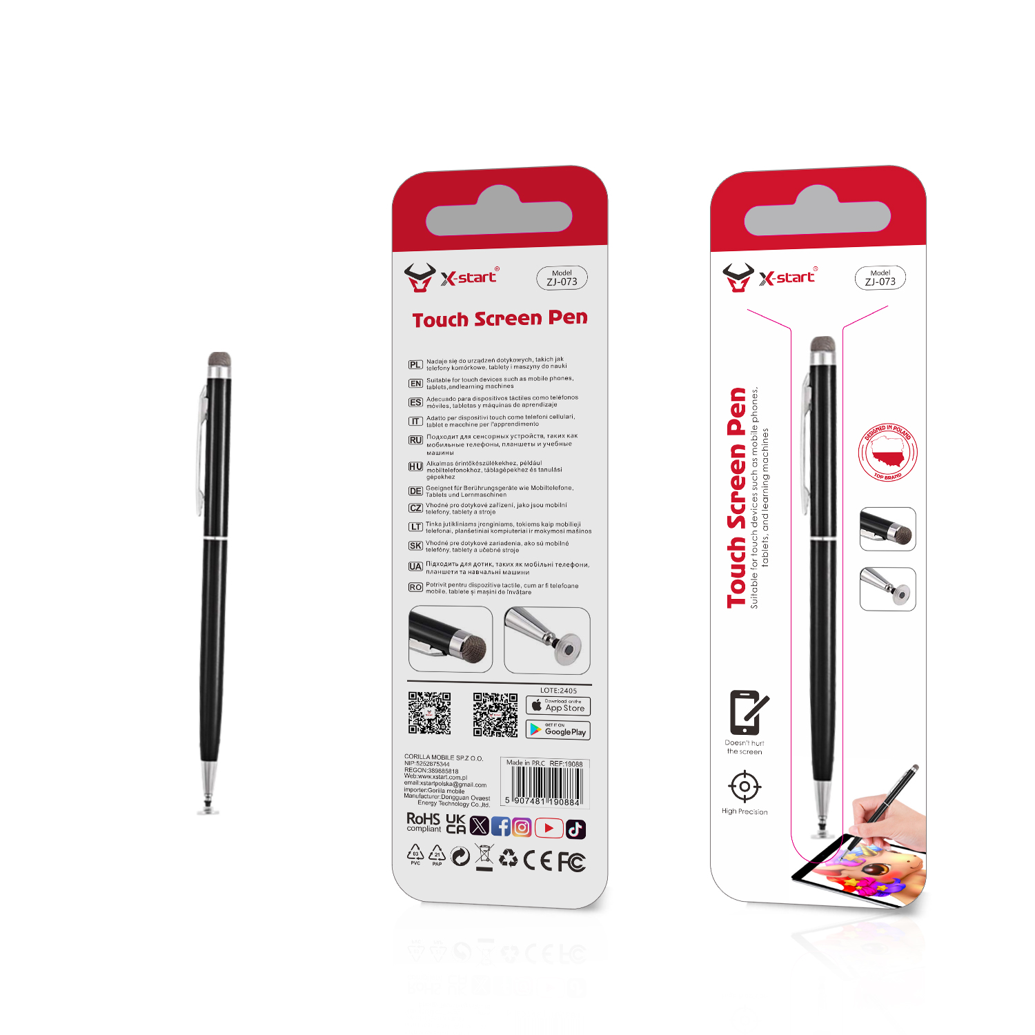 19088 ZJ073 双笔头触屏电容笔Black Dual-Tip Touchscreen Capacitive Pen, Round Tip, Fiber Tip, Universal for Phones and Tablets, Length 14cm - Image 1