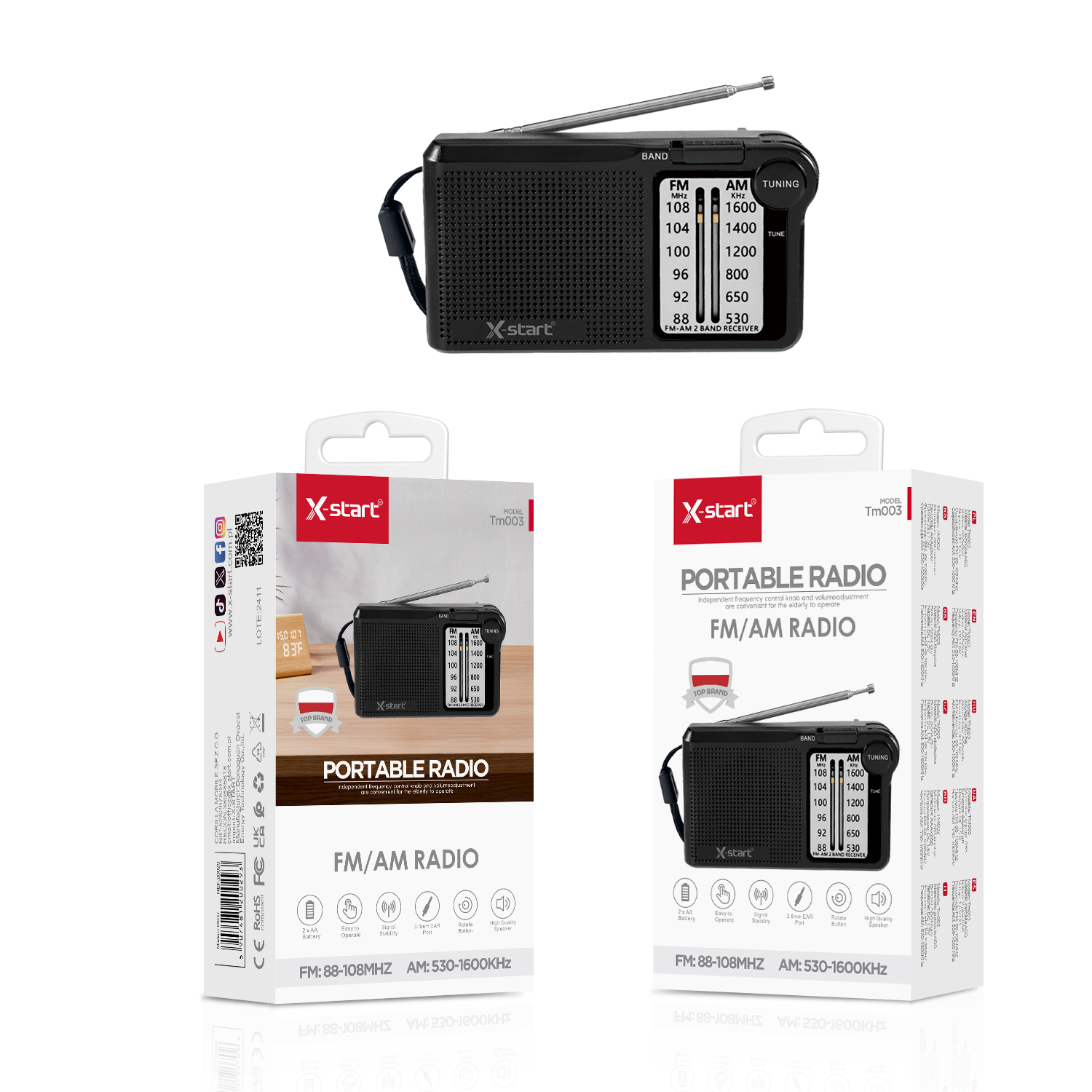 20029 TM003 便携式多频率收音机 Black Portable Multi-Frequency Radio 0.5W AAx2pcs FM: 88-108MHz AM: 530-1700KHz ABS Housing - Image 1