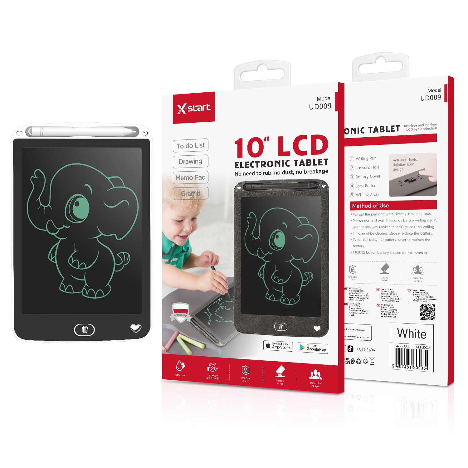 20035.jpg白 UD009 电子手写板White Rounded Edge LCD Electronic Writing Tablet LCD Screen CR2025 10-inch Monochrome Pen ABS Shell - Image 1