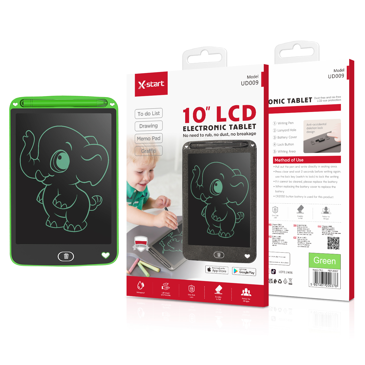 20037绿 UD009 电子手写板Green Rounded Edge LCD Electronic Writing Tablet LCD Screen CR2025 10-inch Monochrome Pen ABS Shell - Image 1