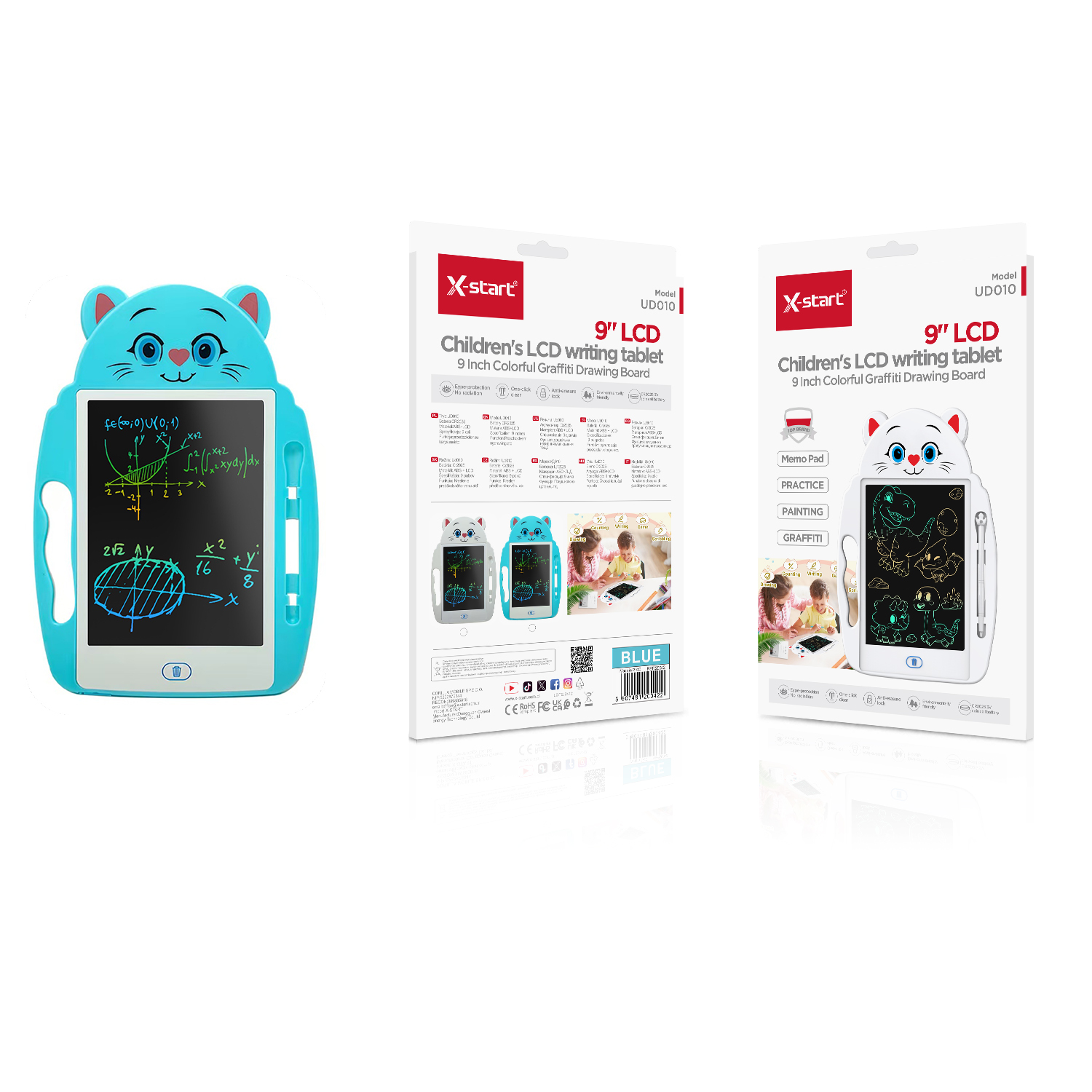 20042 UD010 液晶电子手写板Blue Cartoon Cat LCD Electronic Writing Tablet, CR2025 9-inch LCD Screen, Colored Pen, ABS Shell - Image 1