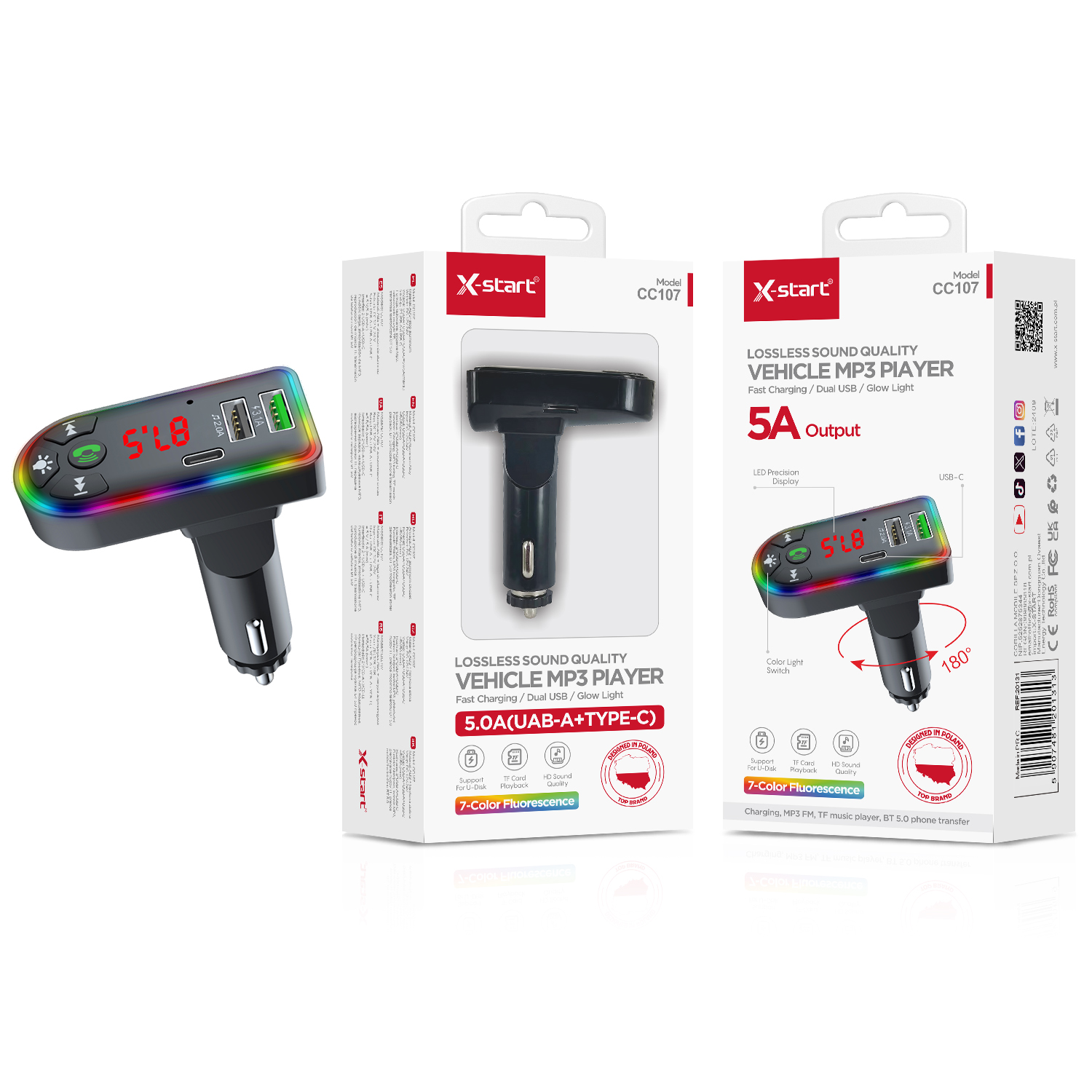 20131 CC107 车载蓝牙充电器 黑色 5A 车载蓝牙MP3 12V-24V 3x(2xUSB-A + USB-C) 7彩氛围灯 FM:87.5~108 Mhz TF卡 音频输出 ABS防火外壳 - Image 1