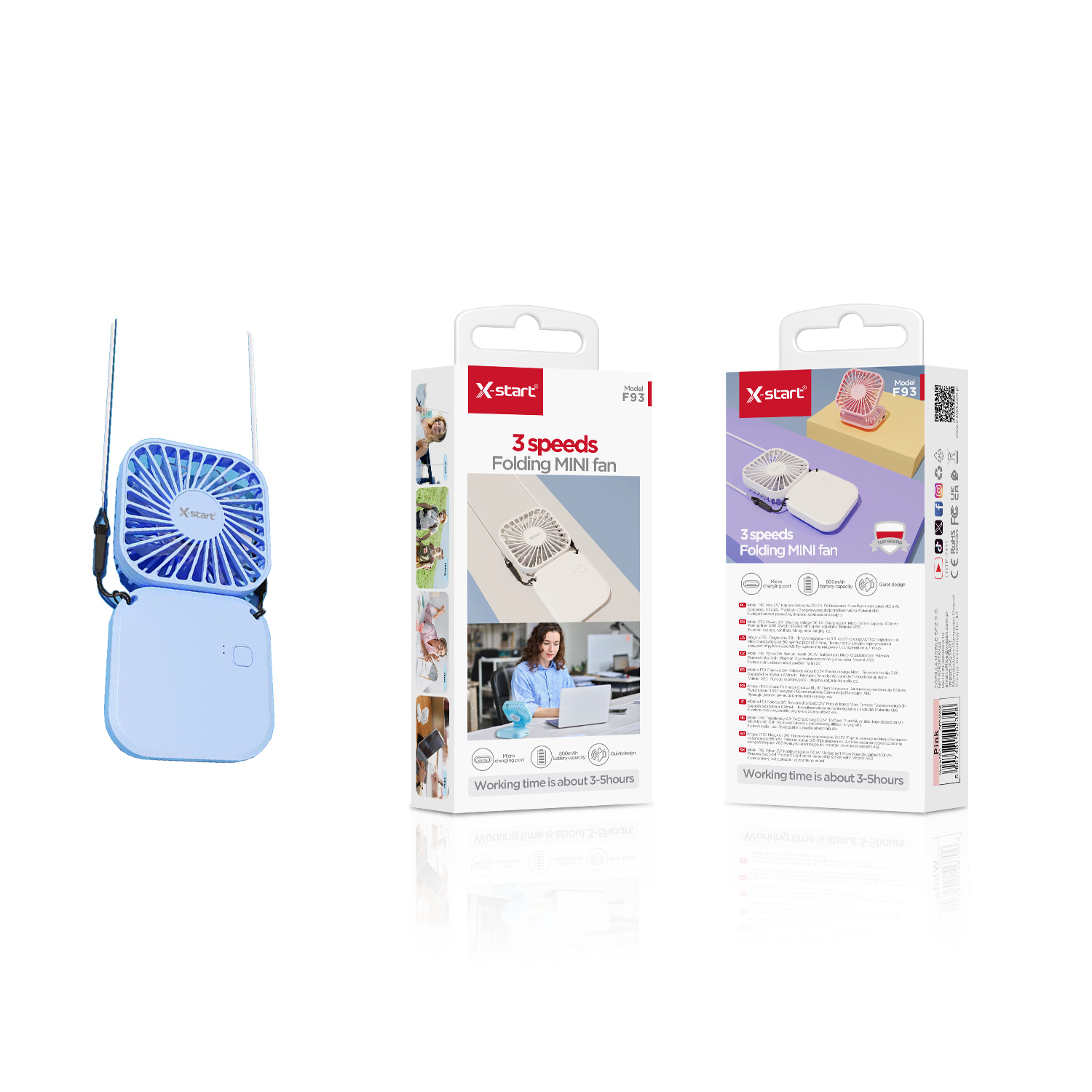 20236 F93 折叠款迷你小风扇 Dark Blue Folding Mini Fan 2W 3.7V/800mAh Micro Charging Port 3-Level Wind Control ABS Shell - Image 1