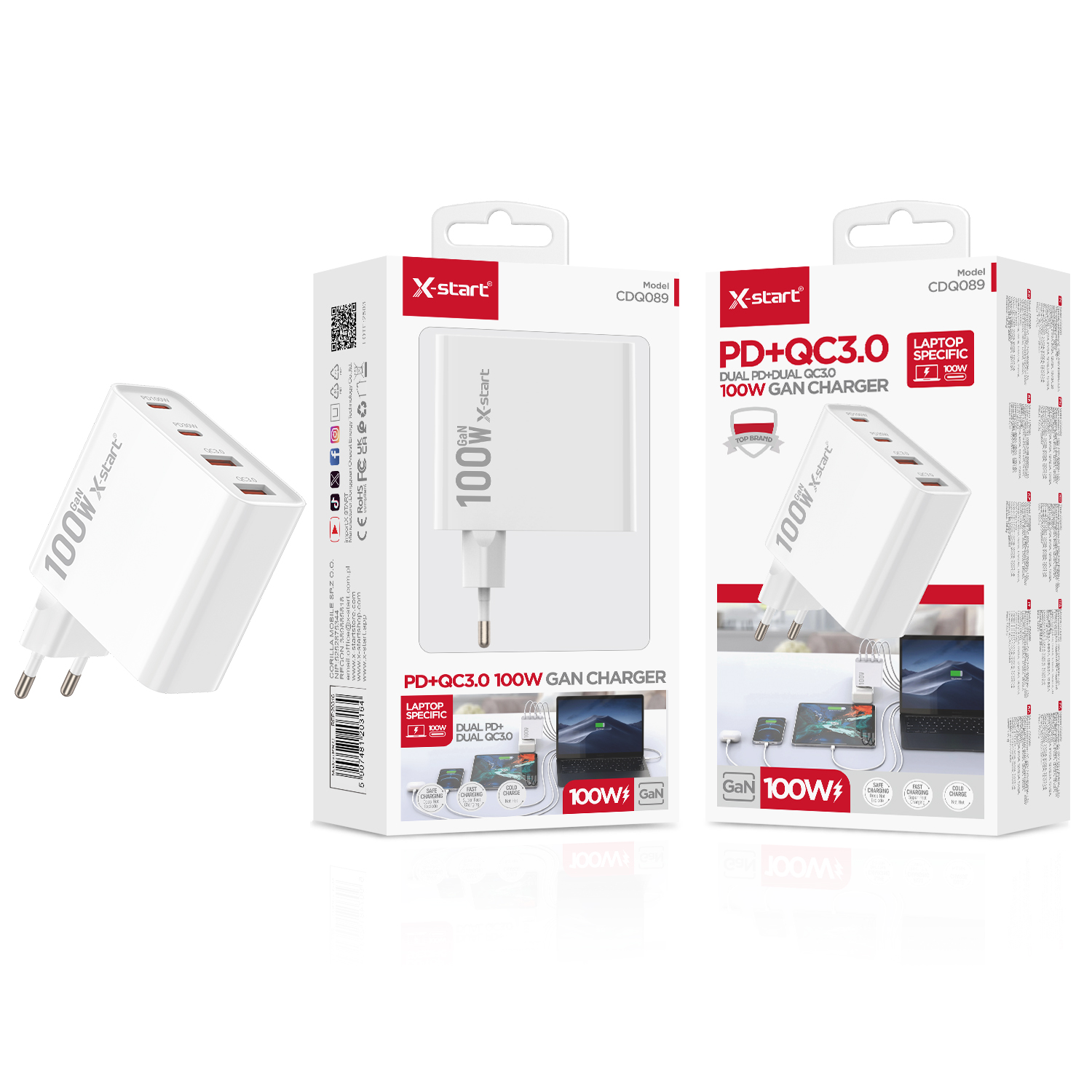 20316 CDQ089 充电器White EU Fast Charger, ABS Fire-Retardant Shell, 110V~240V, 50/60Hz GaN 100W (QC + PD), 4xU (2xUSB-A + 2xUSB-C), Cable Not Included - Image 1