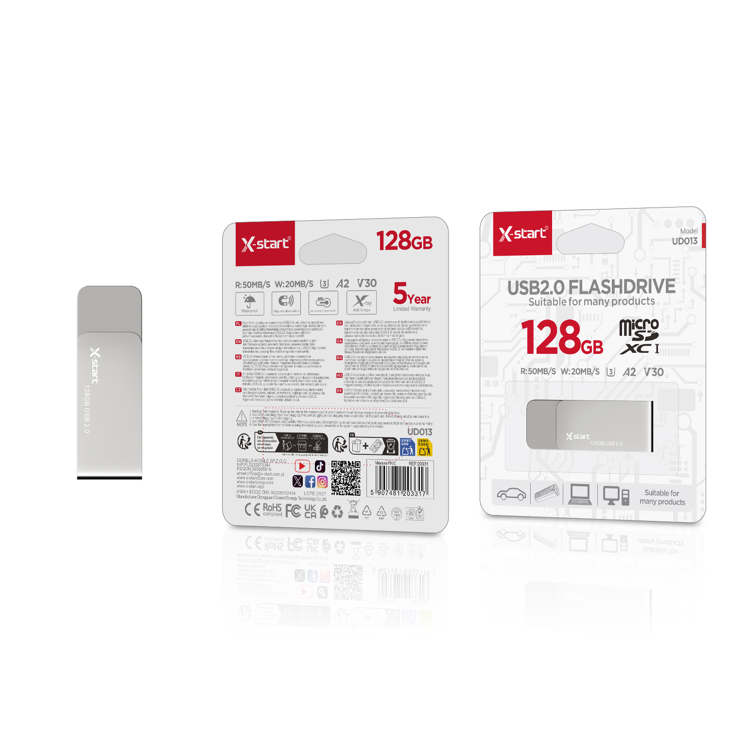 20331 UD013 U盘Silver USB Flash Drive, USB 2.0, 128GB, 10MB/s, 5-Year Warranty - Image 1