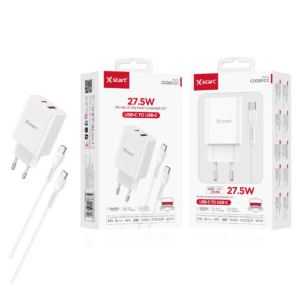 CDQ081CC 双U快充套装White Dual USB Fast Charging Kit, ABS Fireproof Shell, 27.5W, Dual USB (USB-A + USB-C), USB-C to USB-C Data Cable, 1M Length