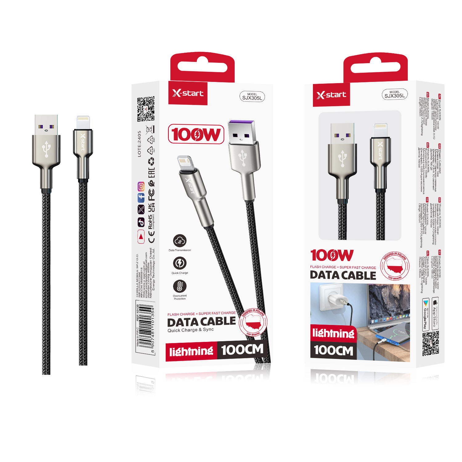 10135 SJX305C 锌合金快充数据线Silver 100W Zinc Alloy Fast Charging Data Cable, 1M USB-A to Lightning, Braided Outer Sheath - Image 1