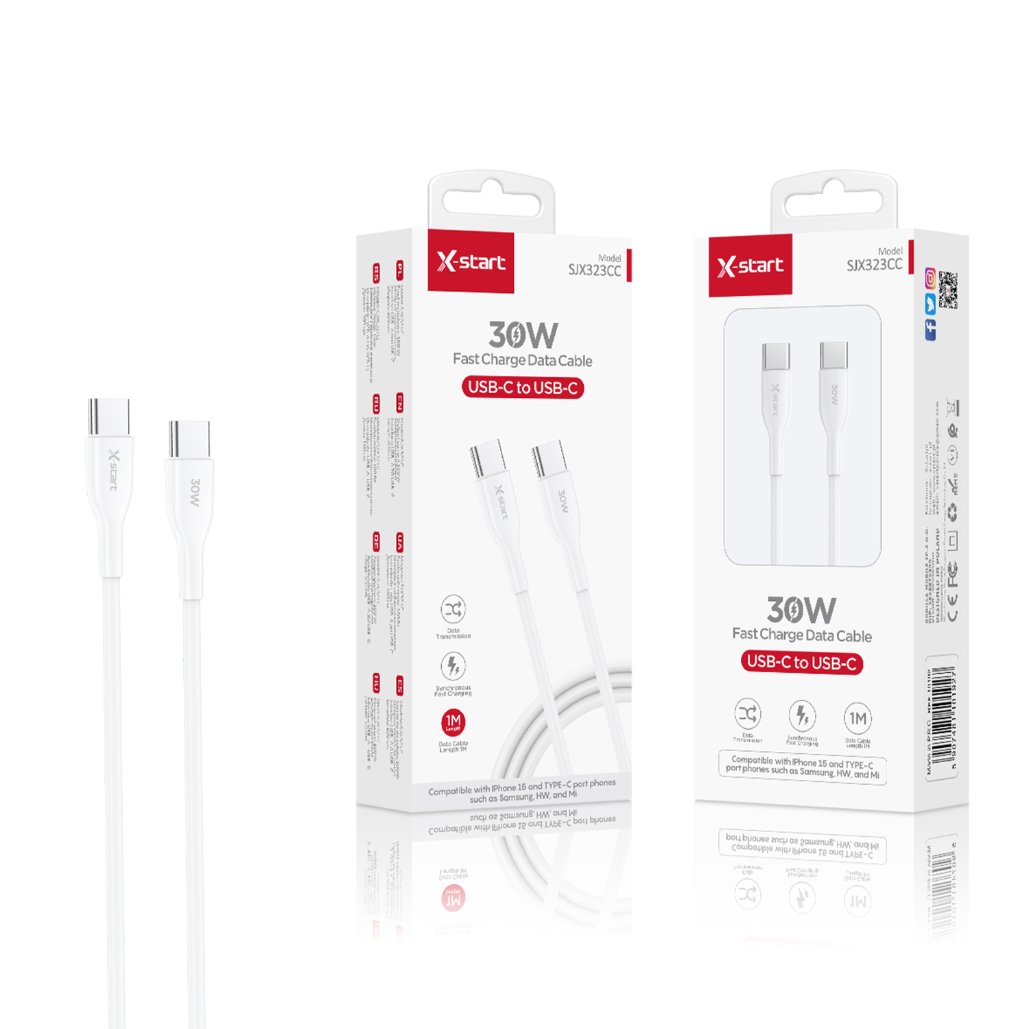 10181 SJX323CC 软胶快充数据线White 30W Soft Rubber Fast Charging Data Cable 1M USB-C to USB-C PU Outer Sheath - Image 1