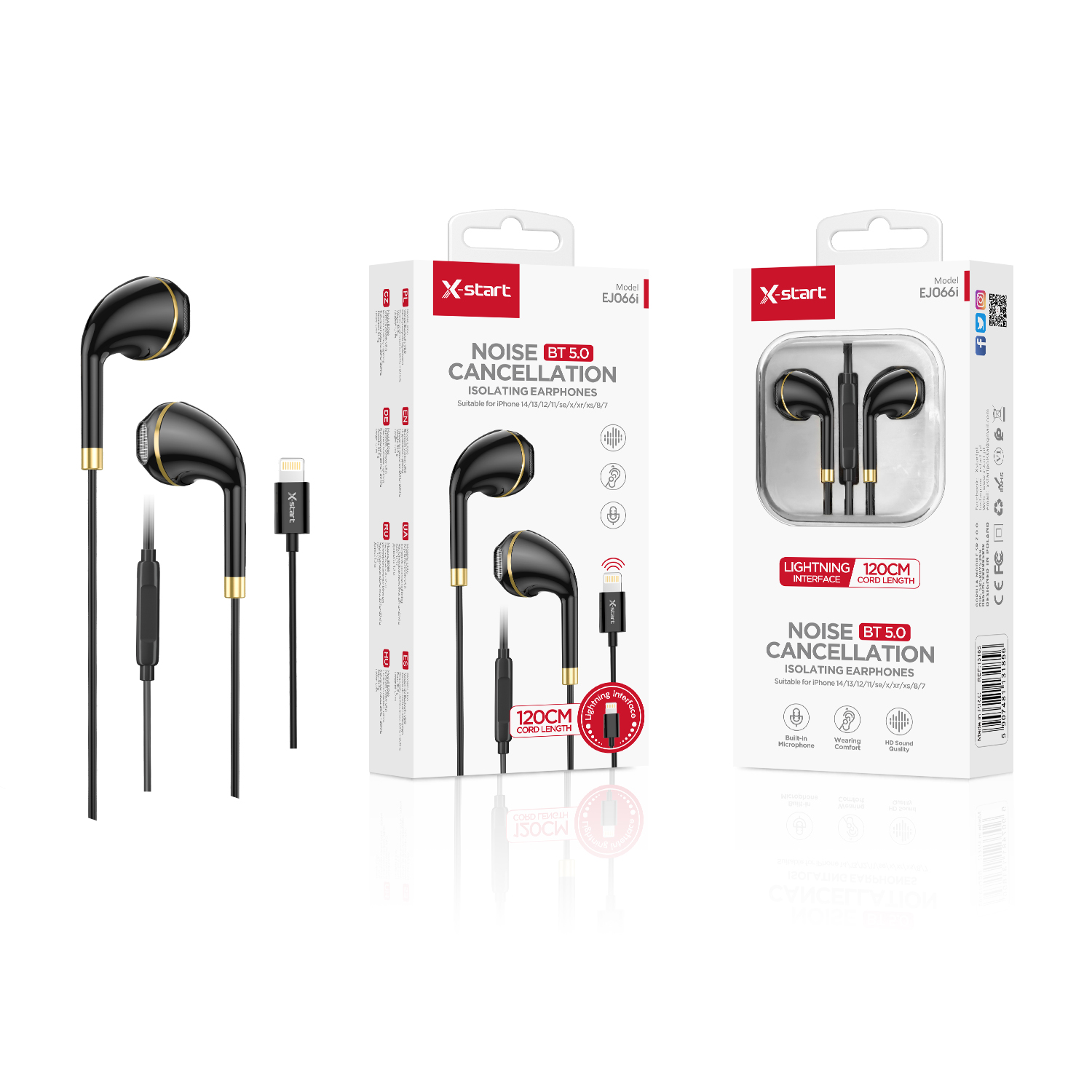 10185 EJ066i 蓝牙有线耳机Black/Gold Wired Headphones with Microphone, 1.2m, Lightning Plug, Version V 5.0, Smart Control Center - Image 1