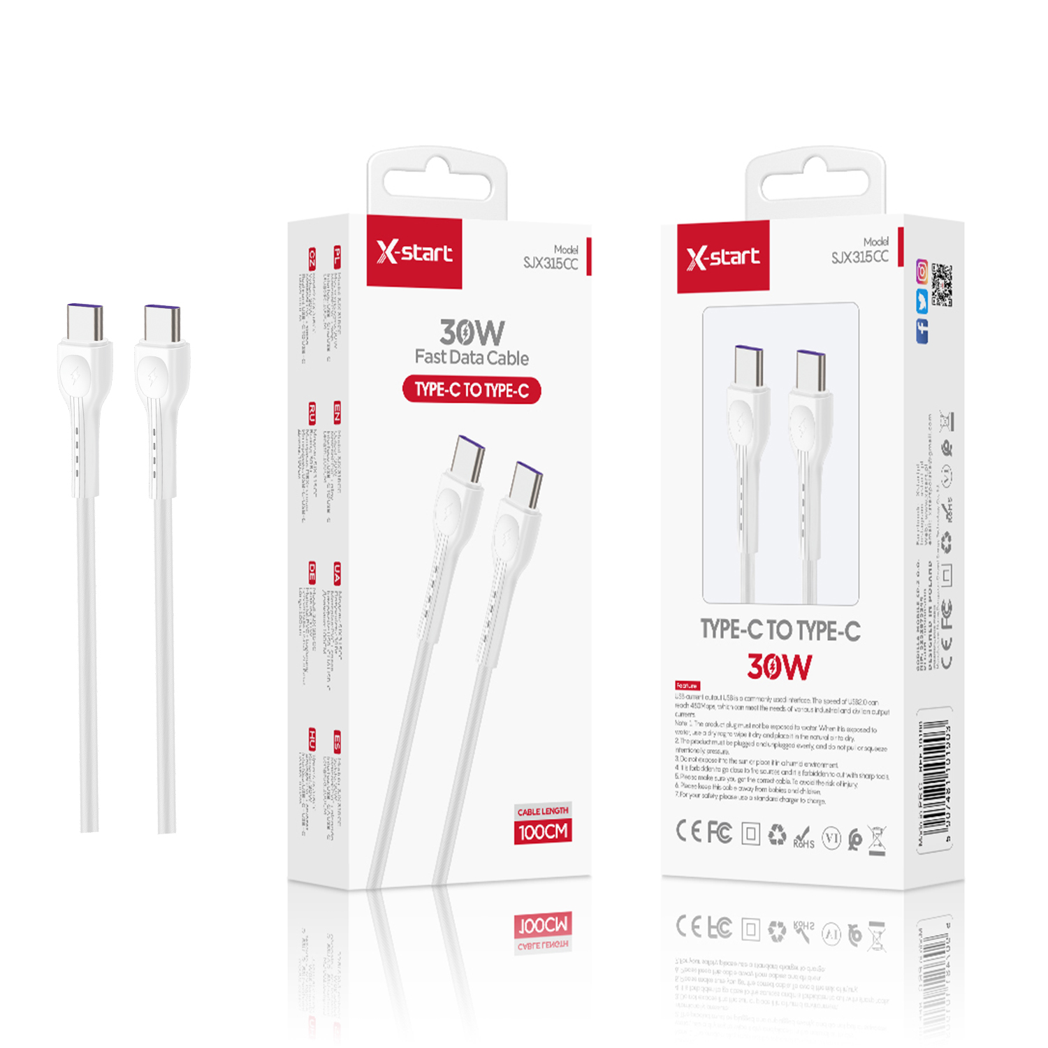 10190 SJX315CC 快充数据线White 30W Fast Charging Data Cable 1M USB-C to USB-C PVC sheath - Image 1