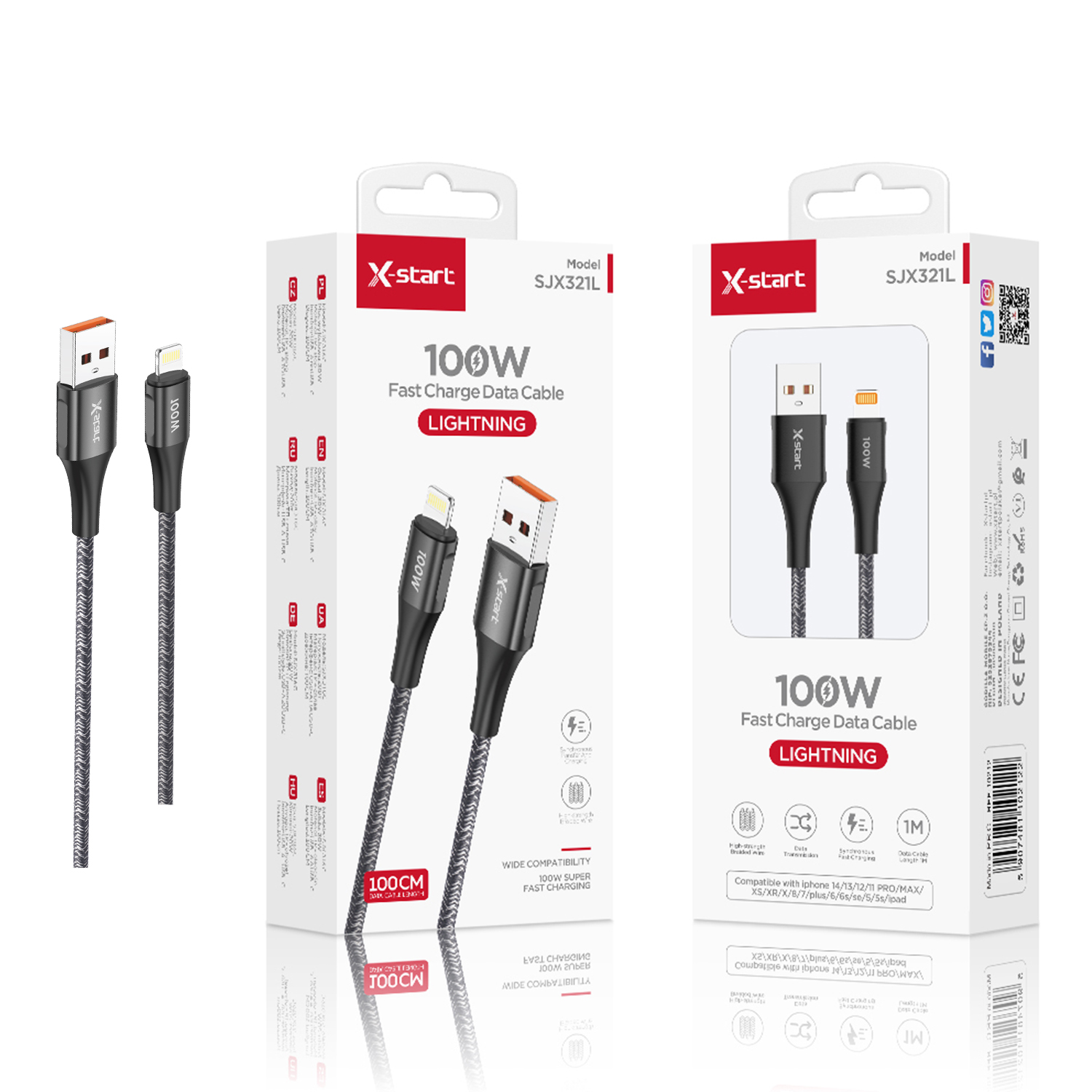 10195 SJX321L 编织快充数据线Black 100W Braided Fast Charging Data Cable 1M USB-A to Lightning with Braided Outer Sheath - Image 1