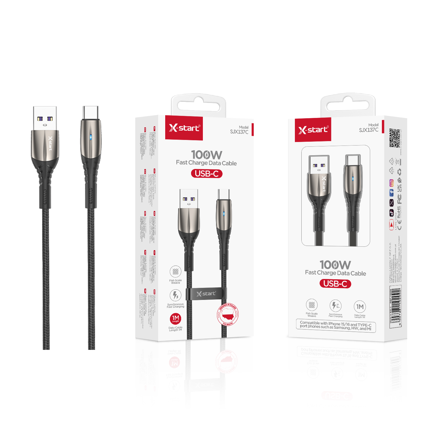 10209 SJX137C 编织快充数据线Gunmetal 100W Braided Fast Charging Data Cable, 1 meter long, braided outer sheath, USB-A to USB-C. - Image 1