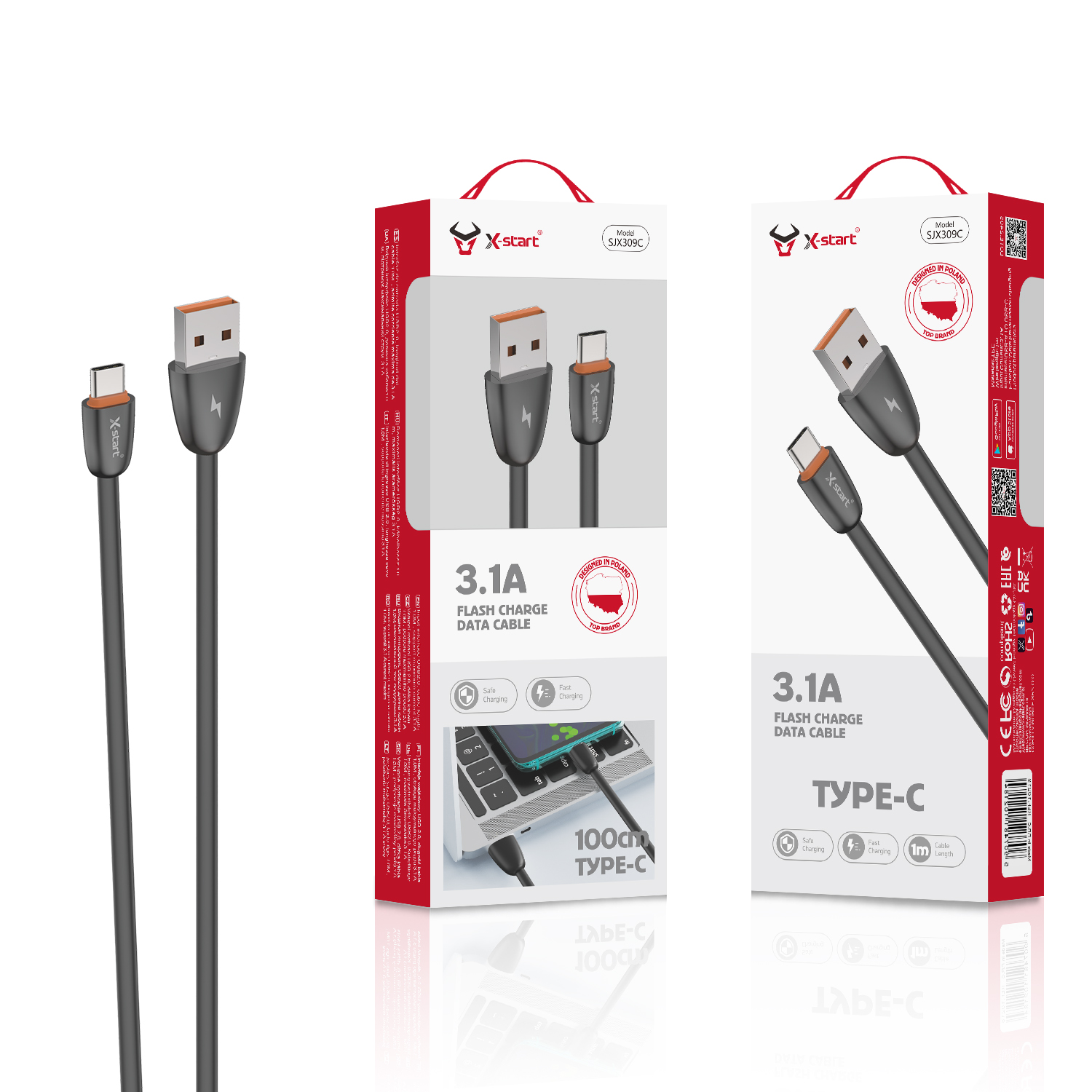 10218 SJX309C 软胶快充数据线Black 3.1A Soft Rubber Fast Charging Data Cable 1M USB-A to USB-C PU Outer Sheath - Image 1