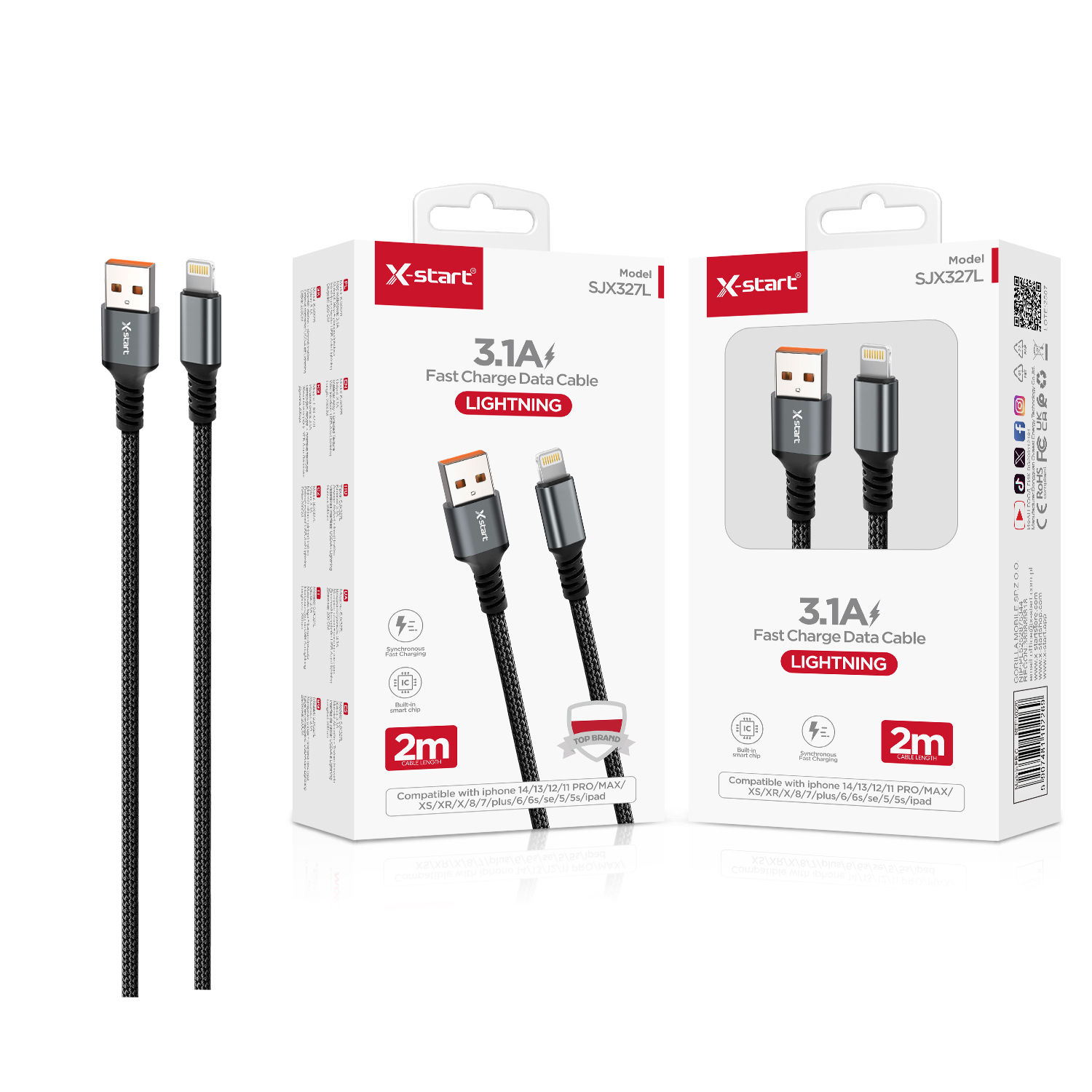 10226 SJX327L 编织快充数据线Black 3.1A Braided Fast Charging Cable, 2M USB-A to Lightning, Braided Outer Sheath - Image 1