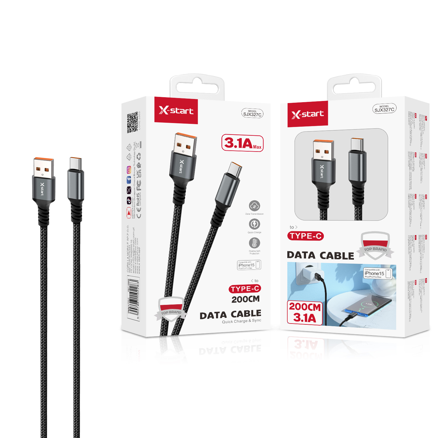 10228 SJX327C 编织快充数据线Black 3.1A Braided Fast Charging Cable, 2M USB-A to USB-C, Braided Outer Sheath - Image 1