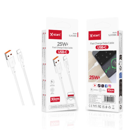 SJX338C 快充数据线White 25W Fast Charging Data Cable 0.3M USB-A to USB-C PVC Sheath