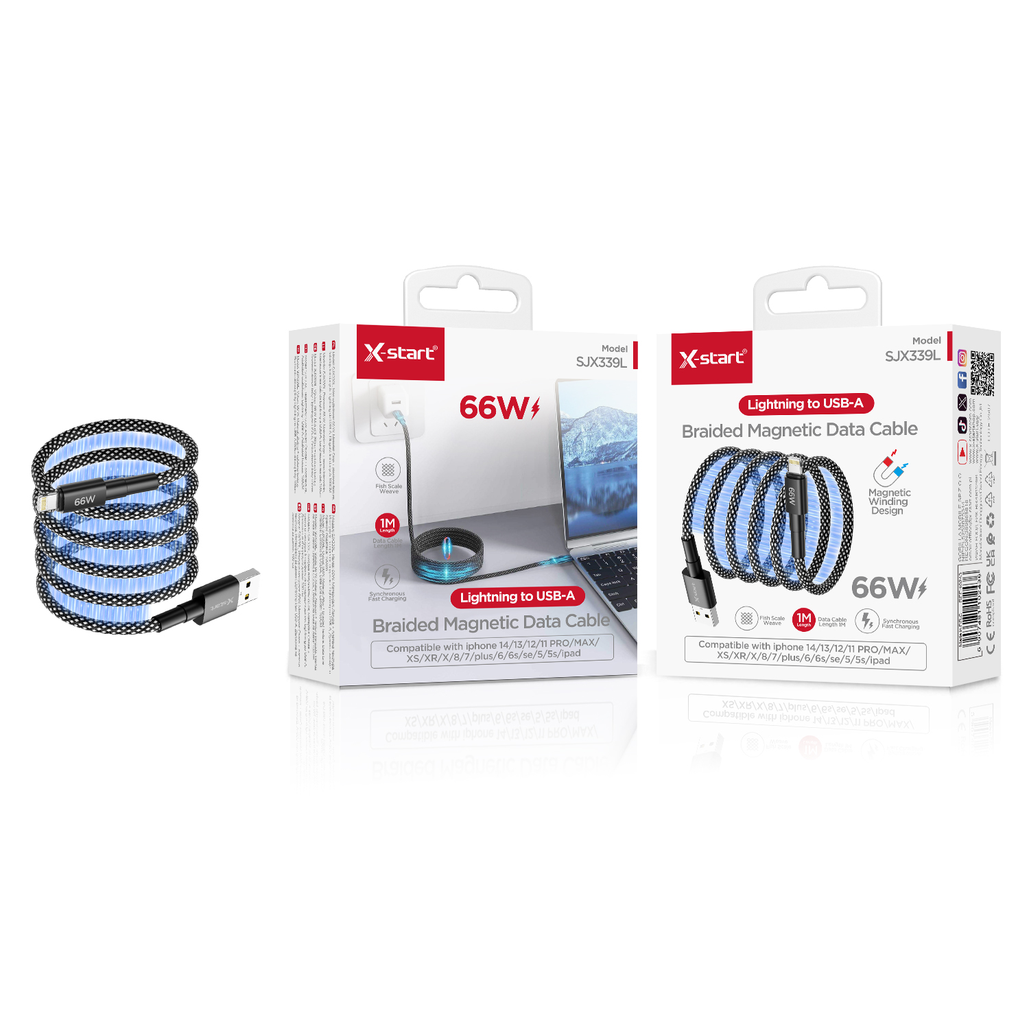 10243 SJX339L 编织快充数据线Black Braided Fast Charging Data Cable 1M Magnetic Absorption USB-A to Lightning Braided Sheath - Image 1