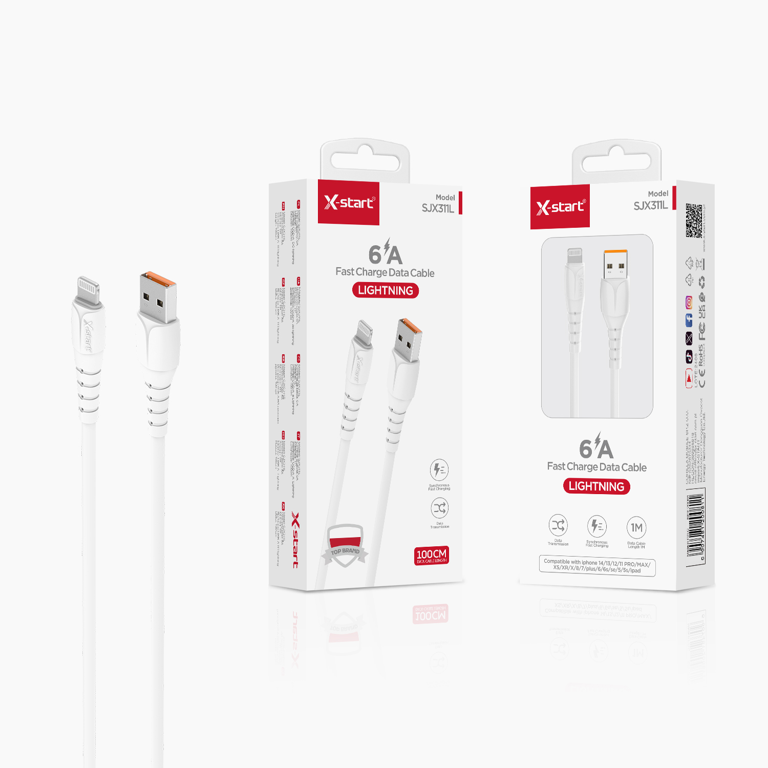 10246 SJX311C 软胶快充数据线White 6.0A Soft Rubber Fast Charging Data Cable 1M USB-A to Lightning PVC Outer Sheath - Image 1