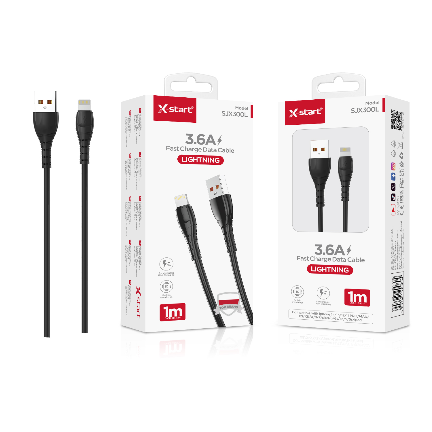 10255 SJX300L 快充数据线Black 3.6A Fast Charging Data Cable, 1M Length, USB-A to Lightning, PVC Outer Sheath - Image 1