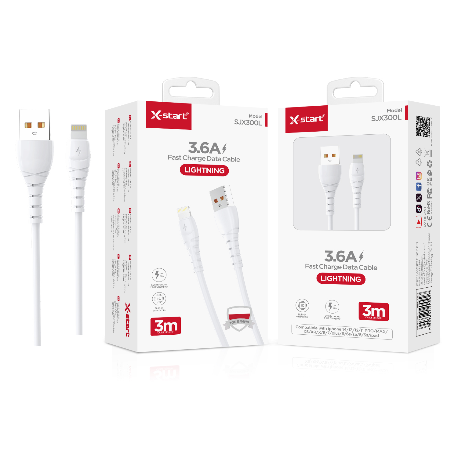 10260 SJX300L 快充数据线White 3.6A Fast Charging Data Cable, 3M Length, USB-A to Lightning, PVC sheath - Image 1