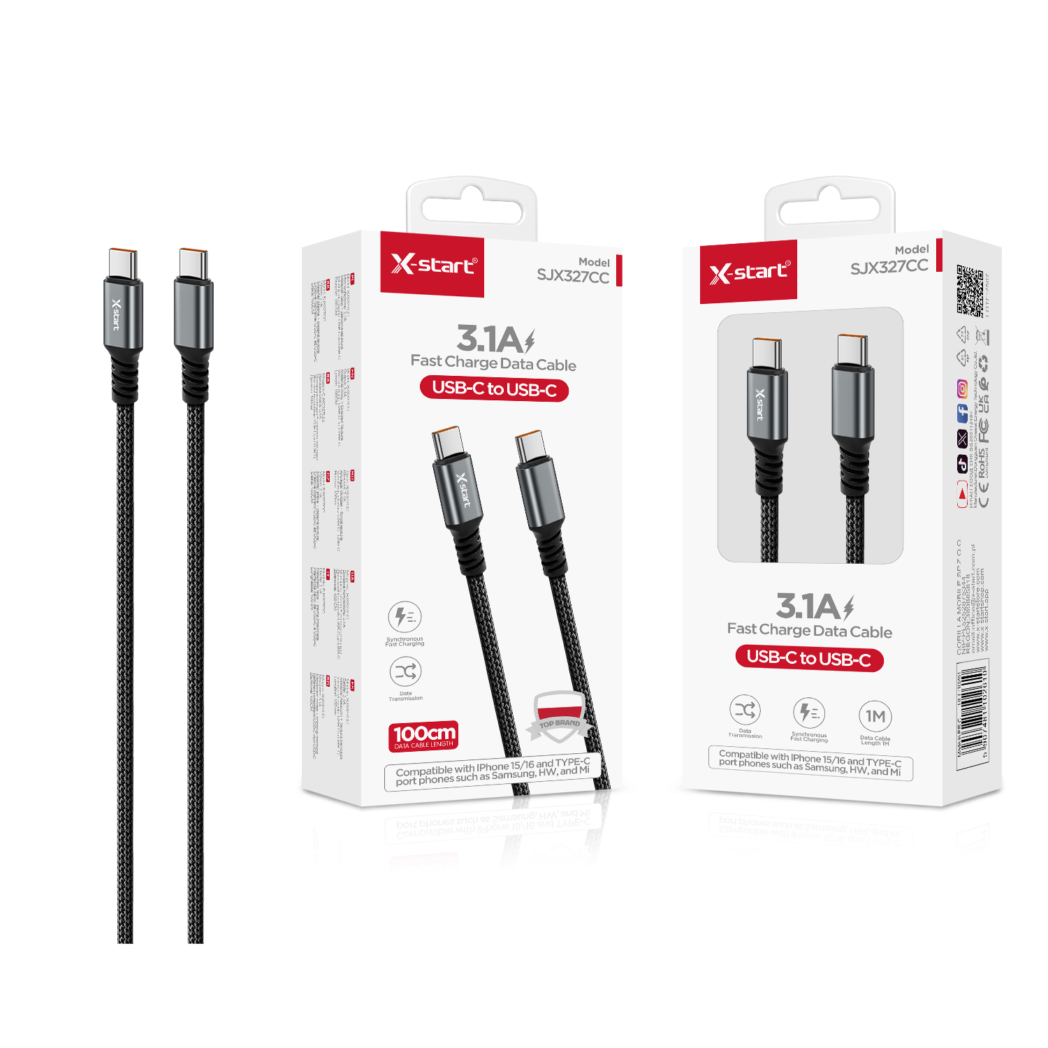 10261 SJX327CC 编织快充数据线Black 3.1A Braided Fast Charging Cable, 1M USB-C to Type-C, Braided Outer Sheath - Image 1