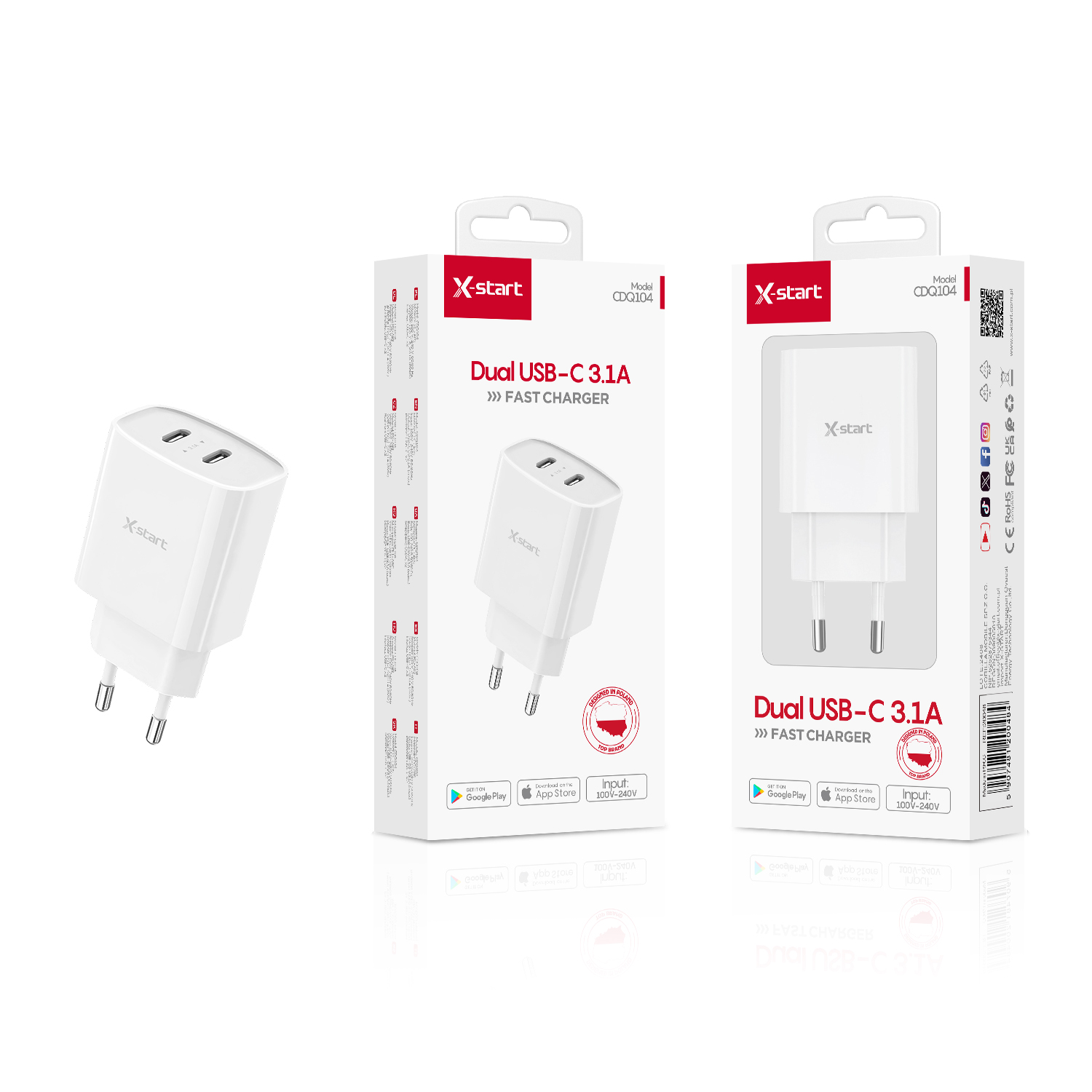 20048 CDQ104 快速充电器White 3.1A EU Fast Charger 100V~240V, 50/60Hz ABS Shell 2xUSB-C 3.1A(max) Cable Not Included - Image 1