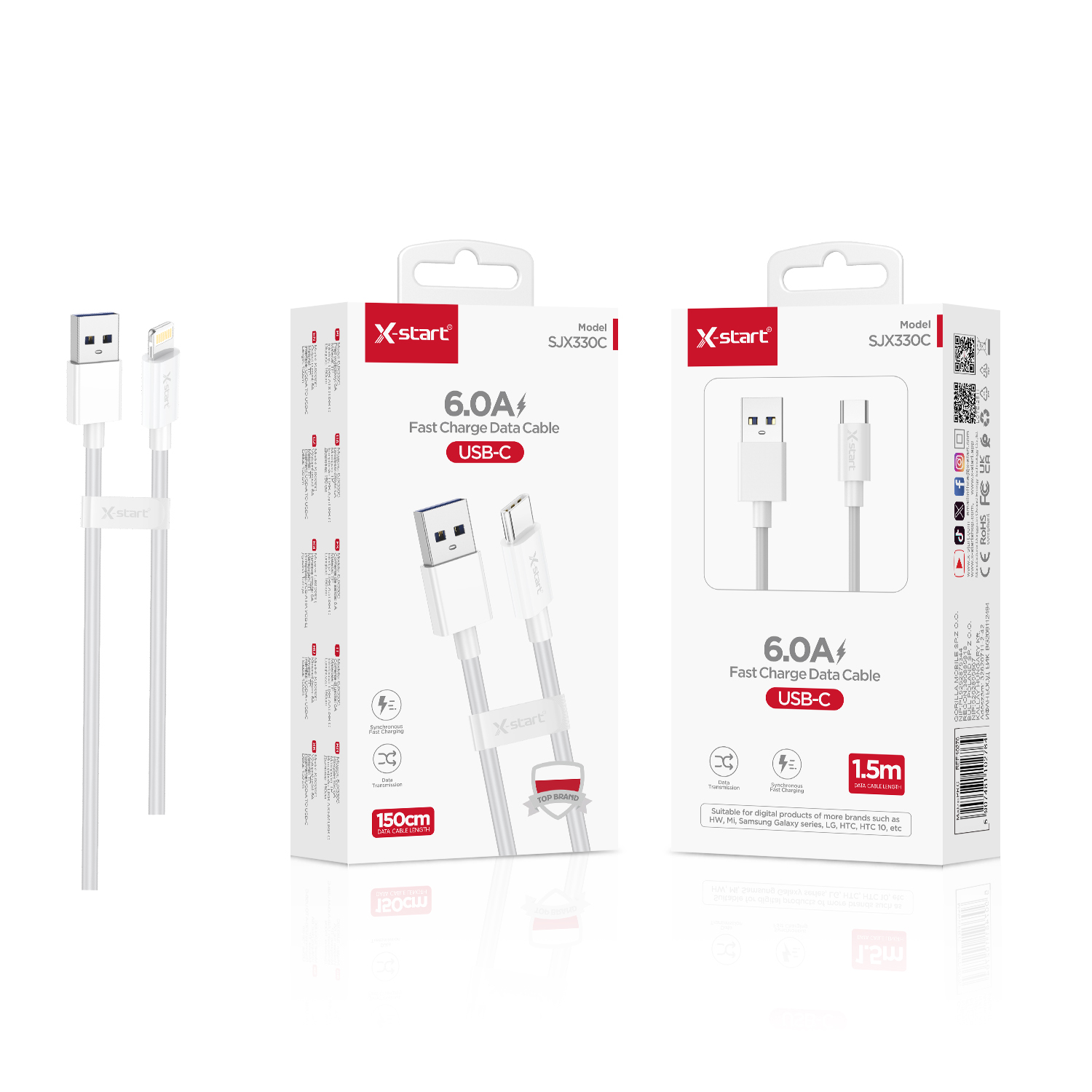 20052 SJX330L 快充数据线White 6.0A Fast Charging Data Cable 1.5M USB-A TO Lightning PVC Outer Sheath - Image 1