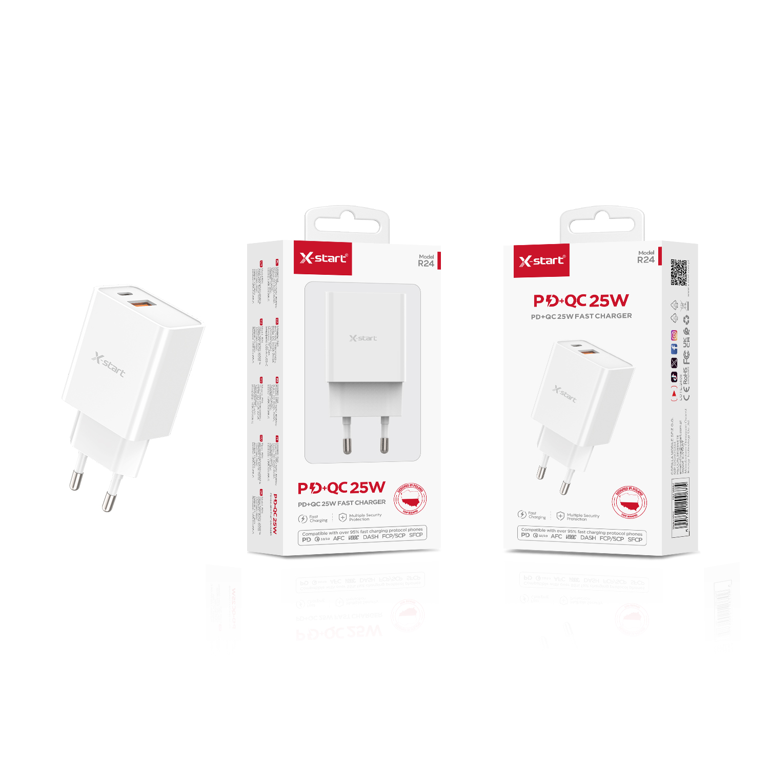 20067 R24 快速充电器White 25W EU Fast Charger 100V~240V, 50/60Hz 2x(USB-A)+(USB-C) ABS Shell - Image 1