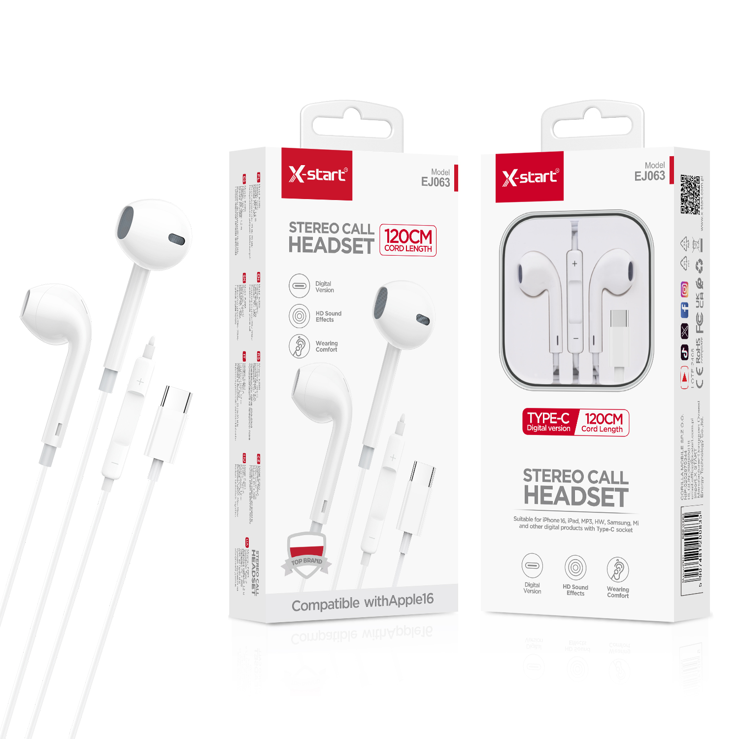 20083 EJ063 耳挂式有线耳机White Earhook Wired Headphones with Microphone, 1.2m Cable, Digital Type-C Plug, High-Definition Audio Quality, Smart Controls, TP Outer Sheath - Image 1