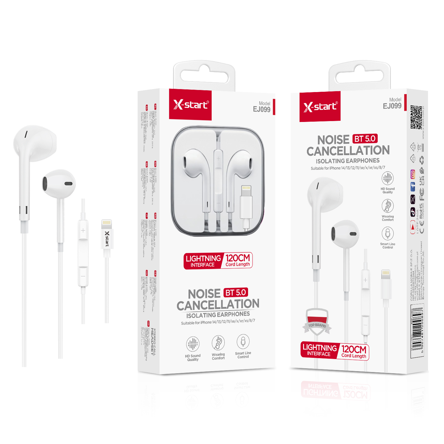 20089 EJ099 耳挂式有线耳机White Earhook Wired Headphones with Microphone, 1.2m Cable, Lightning Plug, Bluetooth Pop-up, High-Definition Audio Quality, Smart Controls, TP Outer Sheath - Image 1