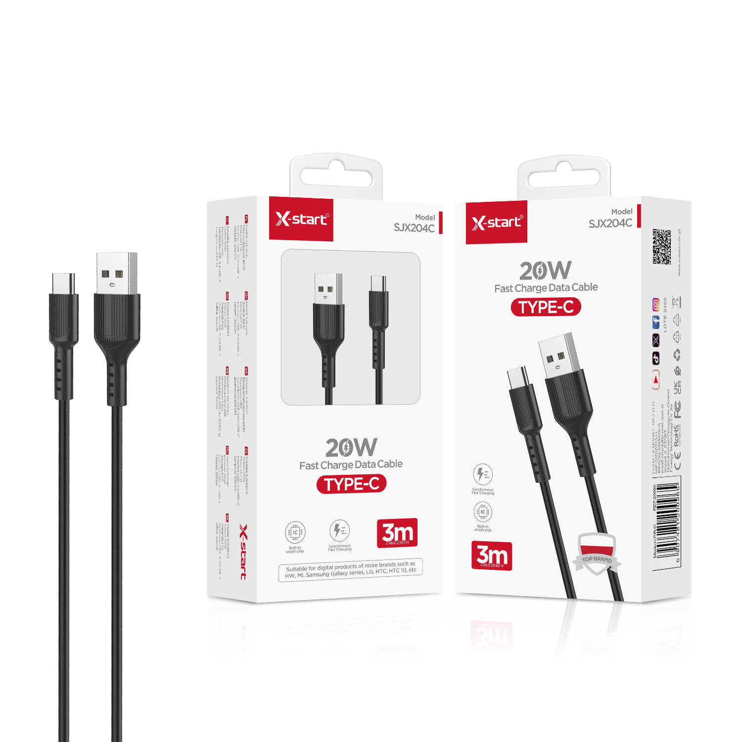 20096 SJX204C 快充数据线Black 20W Fast Charging Data Cable, 3M Length, USB-A to USB-C, PVC Sheath - Image 1