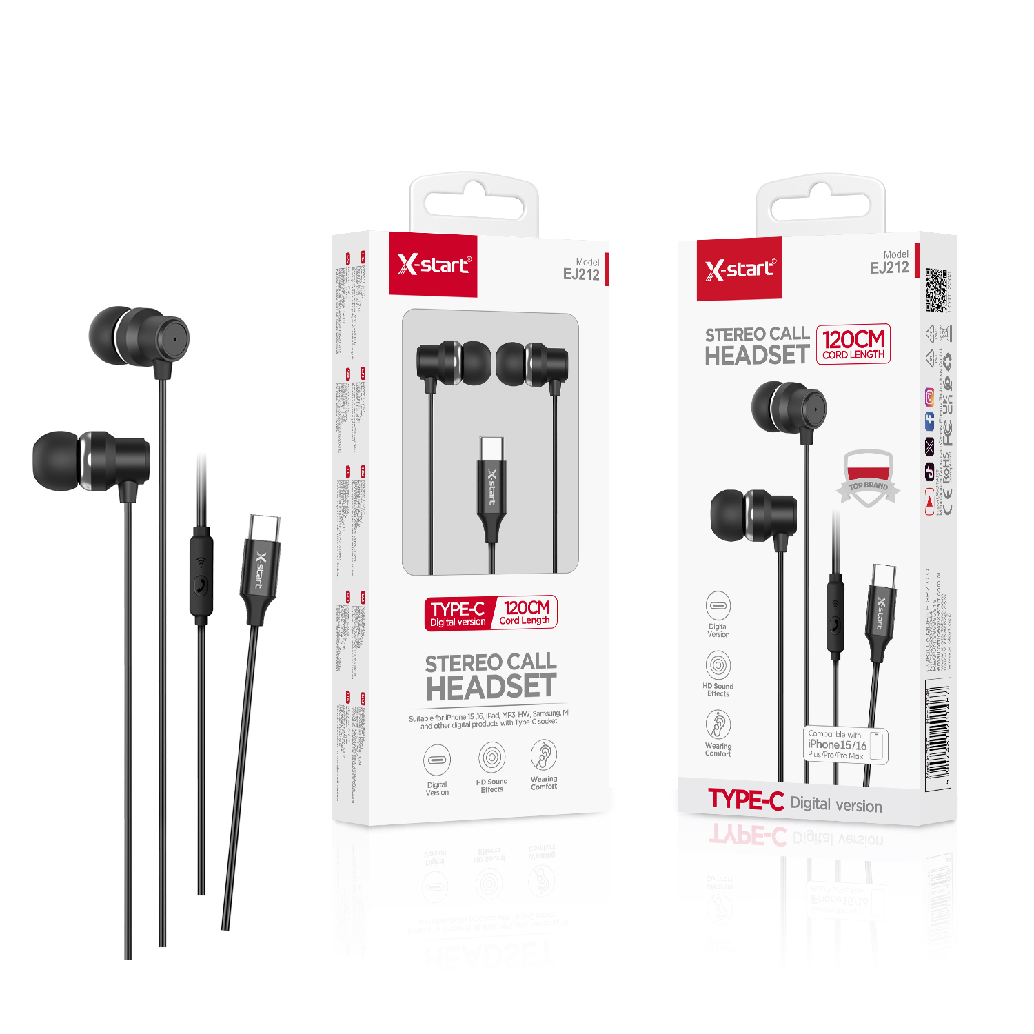 20146 EJ212 入耳式有线耳机Black In-Ear Wired Headphones with Microphone, 1.2m, 16Ω, 95±3dB, Digital Version, Type-C Plug, Smart Controls, TPE Outer Sheath - Image 1