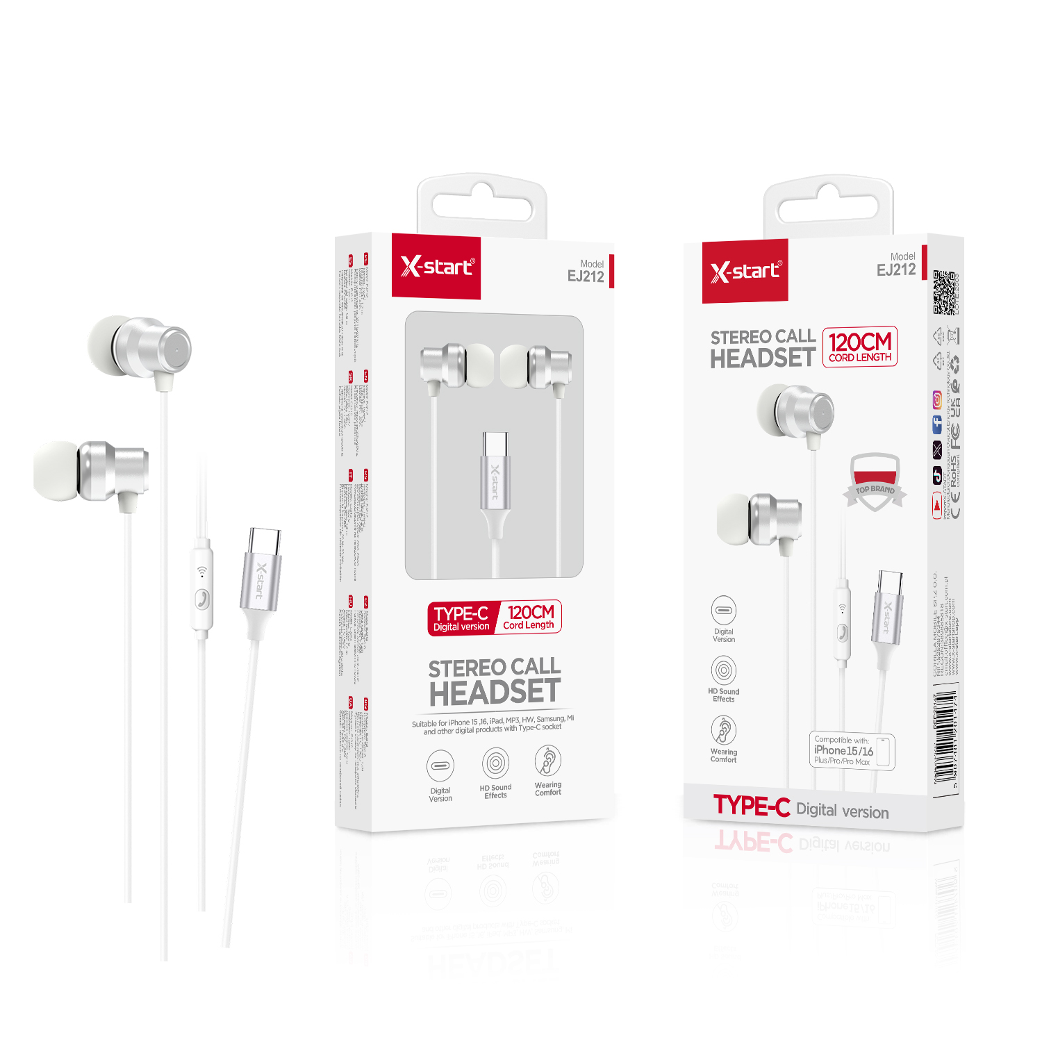 20147 EJ212 入耳式有线耳机Silver In-Ear Wired Headphones with Microphone, 1.2m, 16Ω, 95±3dB, Digital Version, Type-C Plug, Smart Controls, TPE Outer Sheath - Image 1