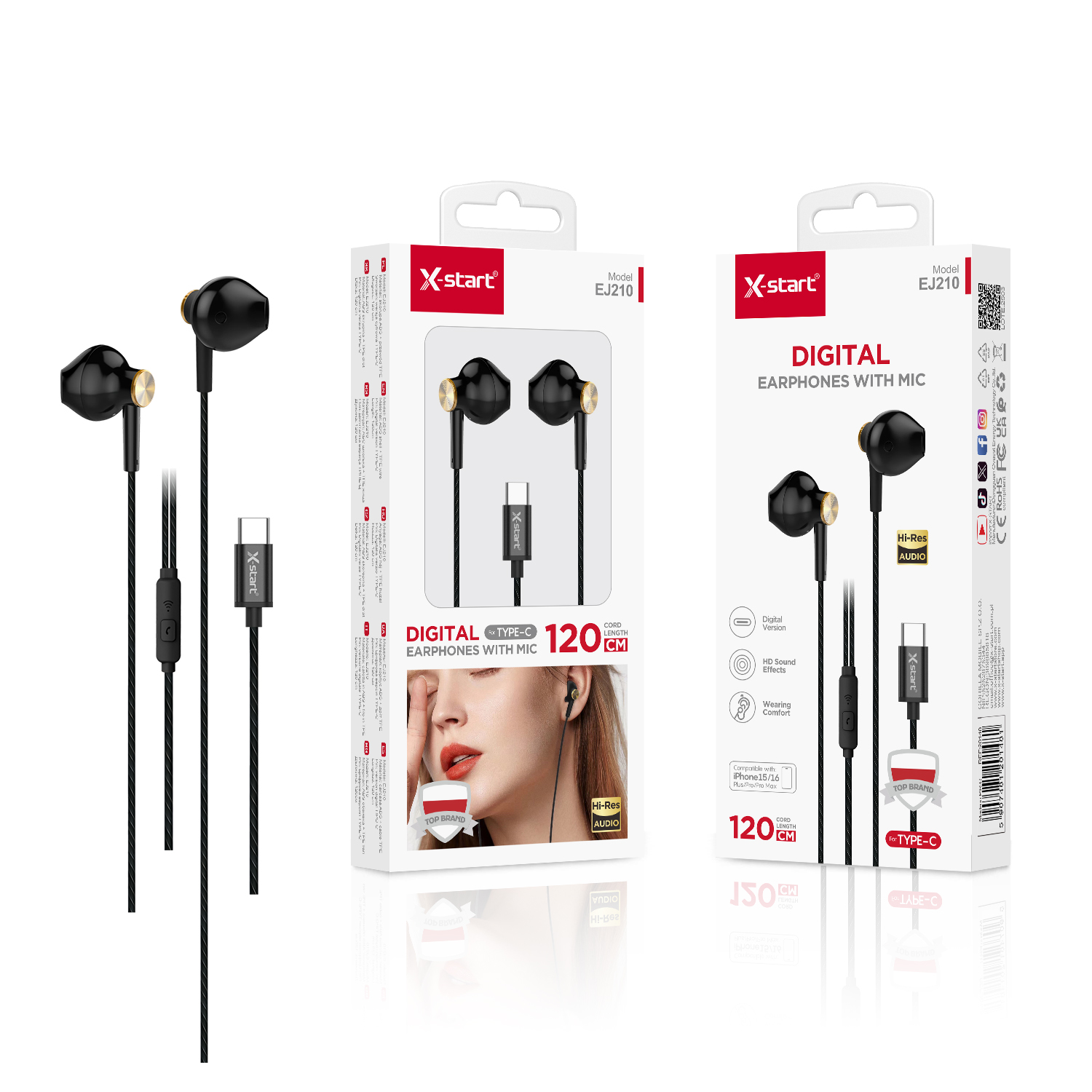 20148 EJ210 耳挂式有线耳机Black Earhook Wired Headphones with Microphone, 1.2m Cable, 32Ω 95±3dB, Digital Type-C Plug, Smart Control, TPE Outer Sheath - Image 1