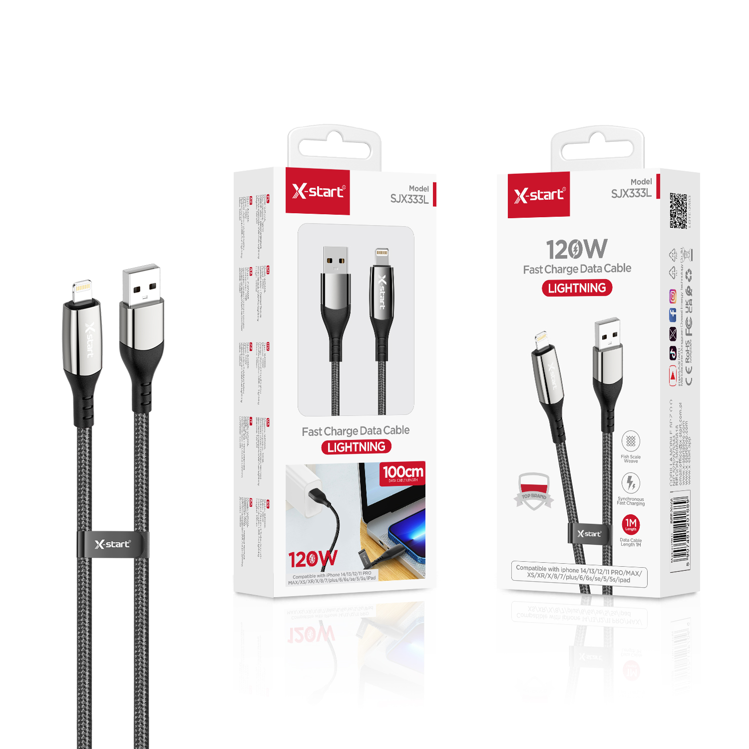 20168 SJX333L 快充数据线Black 120W Fast Charging Data Cable, 1M USB-A to Lightning, Braided Outer Sheath - Image 1