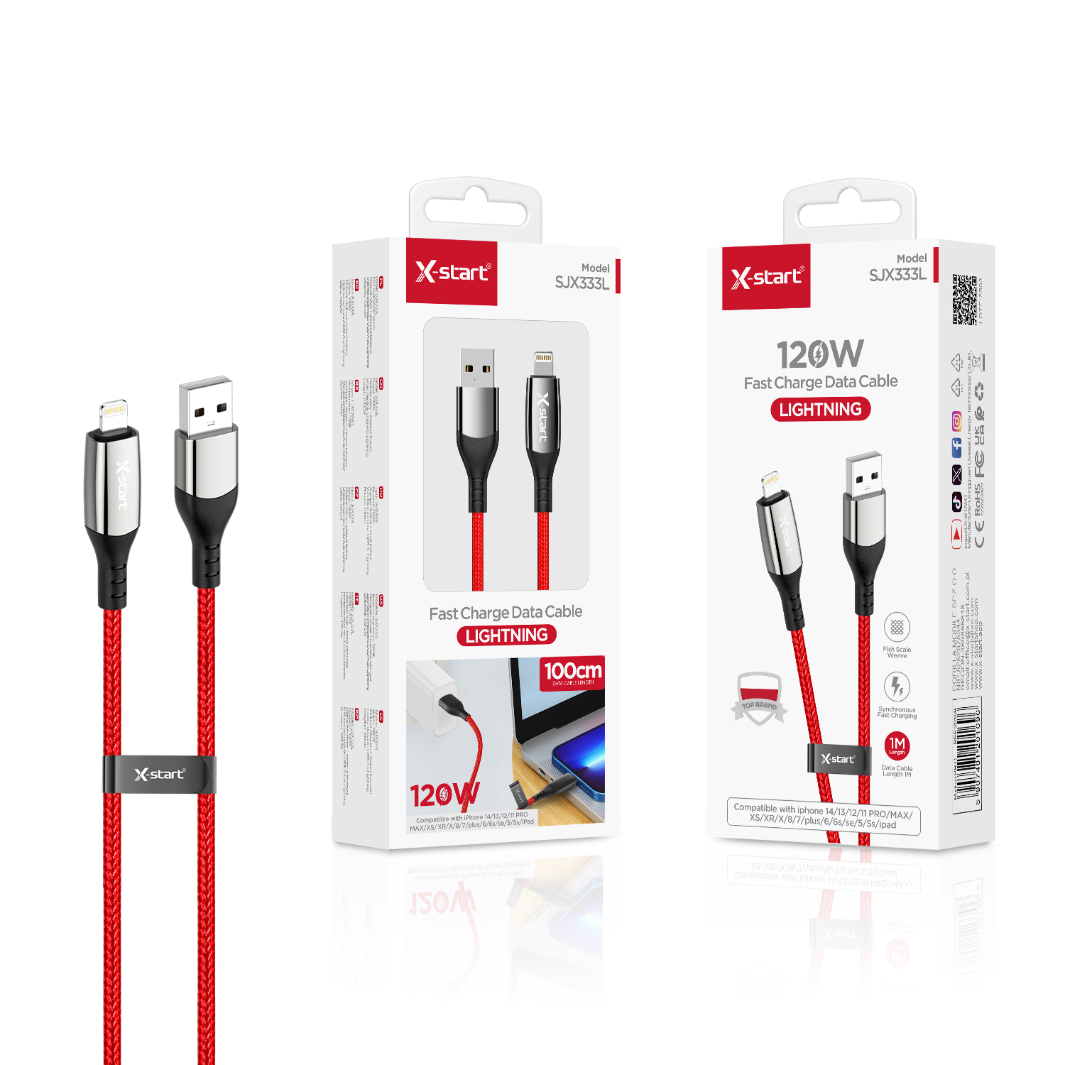 20169 SJX333L 快充数据线Red 120W Fast Charging Data Cable, 1M USB-A to Lightning, Braided Outer Sheath - Image 1