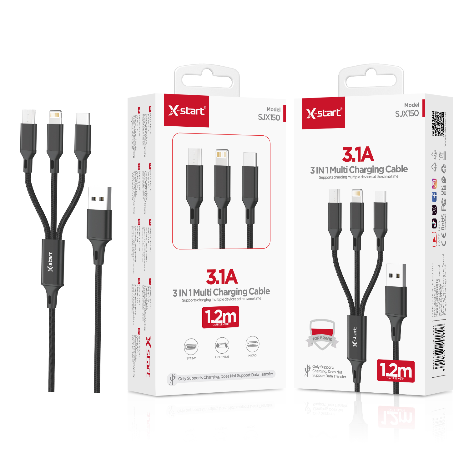 20172 SJX150 一拖三快速充电线 Black 3.1A 3-in-1 Braided Fast Charging Cable, 1.2M Length, USB-A TO (Lightning/TYPE-C/Micro), Braided Outer Sheath - Image 1