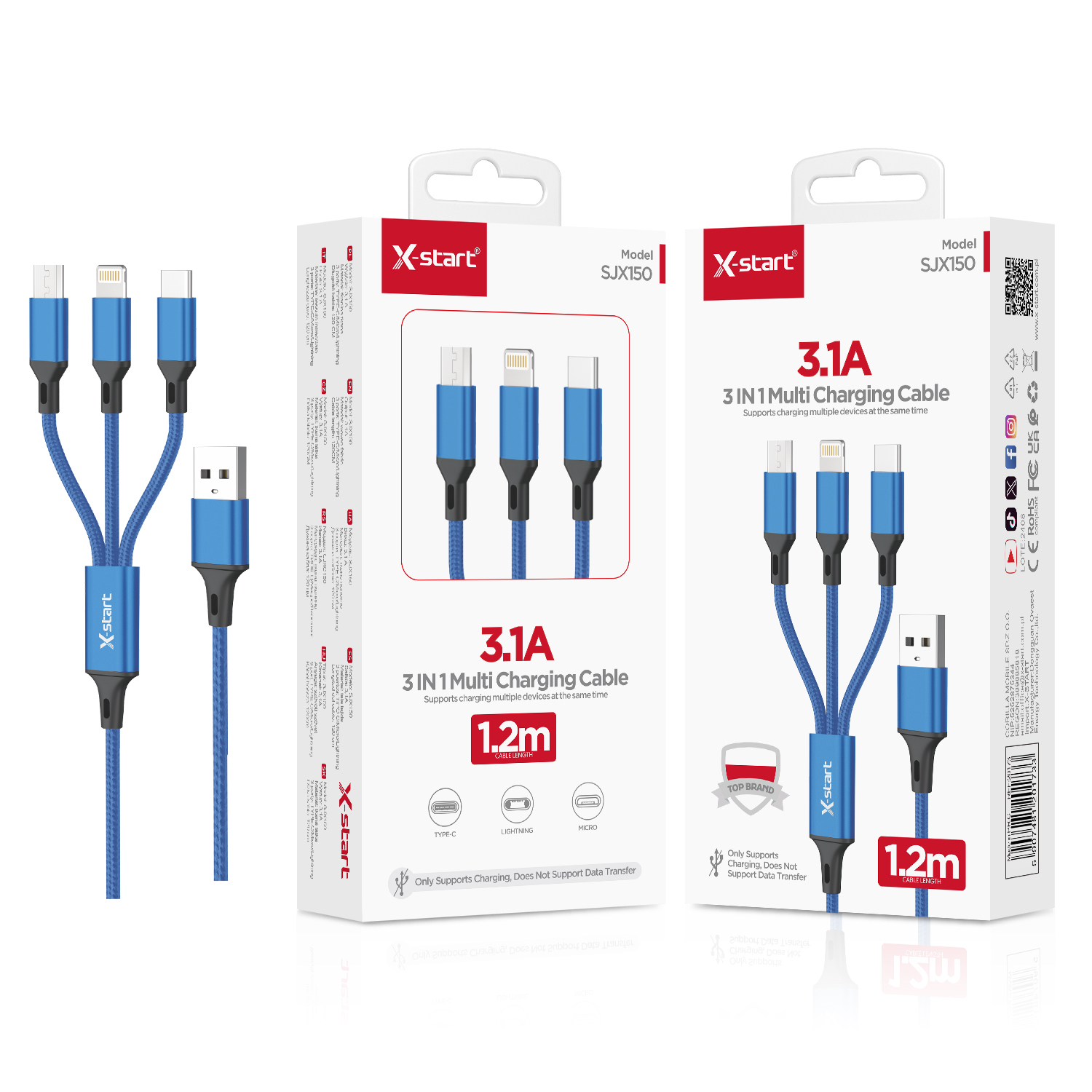 20173 SJX150 一拖三快速充电线Blue 3.1A 3-in-1 Braided Fast Charging Cable, 1.2M Length, USB-A to (Lightning/USB-C/Micro), Braided Outer Sheath - Image 1