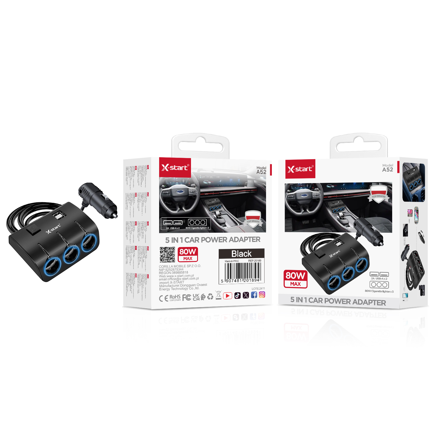 20189 A52 车载三口点烟器Black 80W Car Three-Prong Cigarette Lighter, 0.8M Cable, 12V~24V, 2x (USB-A) + 3x Cigarette Lighter Ports, ABS Shell - Image 1