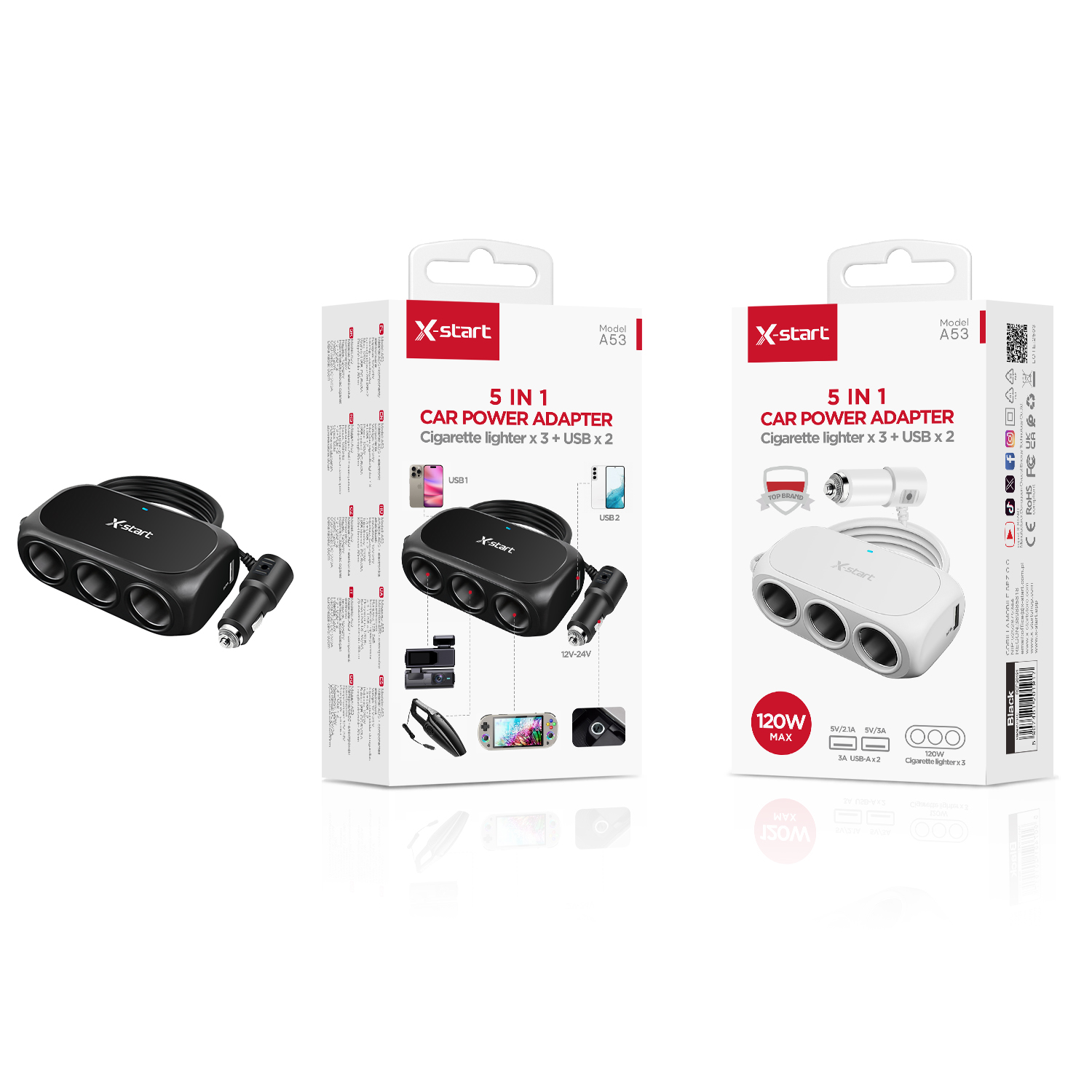 20191 A53 车载三口点烟器Black 120W Car Three-Prong Cigarette Lighter, 0.8M Cable, 12V~24V, 2x (USB-A) + 3x Cigarette Lighter Ports, ABS Shell - Image 1