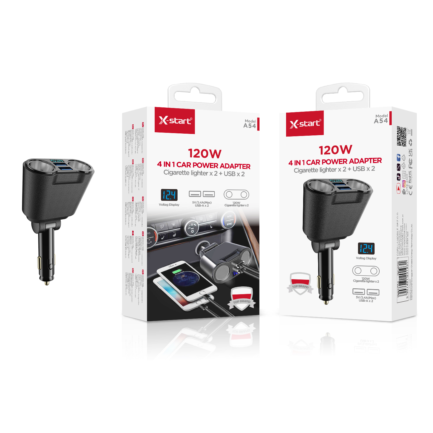 20193 A54 车载双口点烟器Black 120W Car Dual-Port Cigarette Lighter 12V~24V 2x (USB-A) + 2x Cigarette Lighter Ports, ABS Shell - Image 1