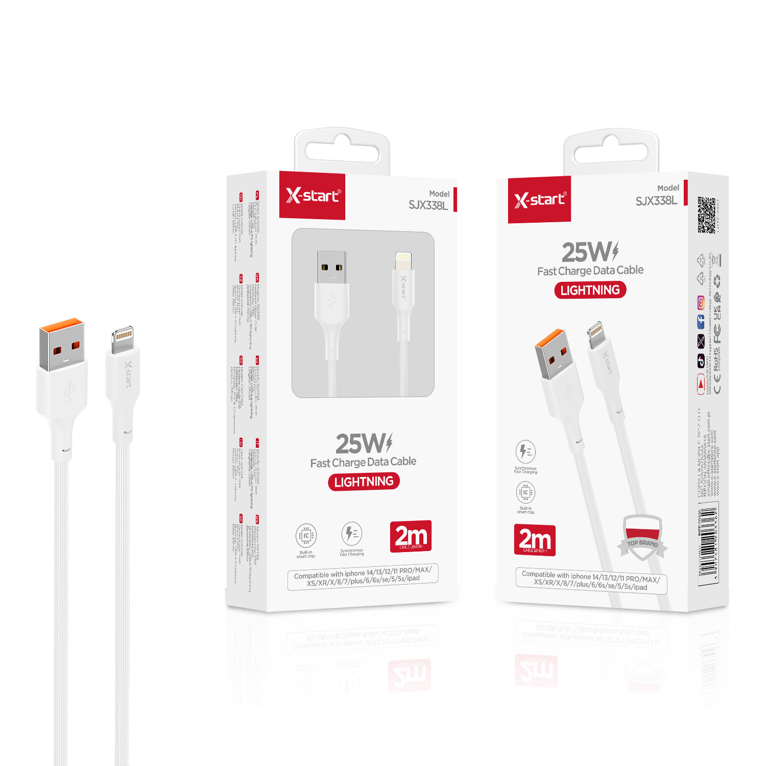 20336 SJX338L 快充数据线2M White 25W Fast Charging Data Cable USB-A to Lightning PVC Sheath - Image 1