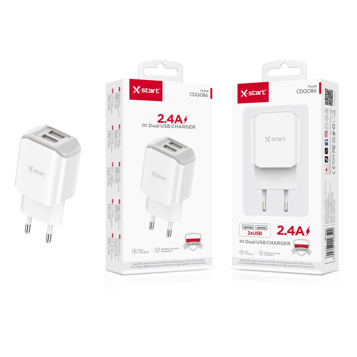 20352 CDQ086 家用充电器White 2.4A EU Home Charger 2xUSB-A 110V~240V, 50/60Hz ABS Fire-retardant Shell - Image 1
