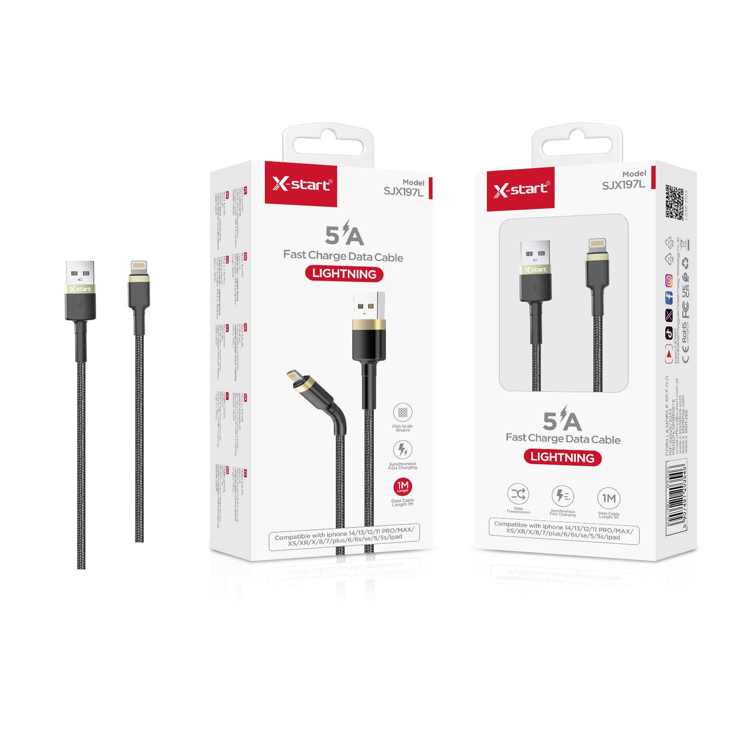 20354 SJX197L 快充数据线Black 5A Braided Fast Charging Data Cable, 1M Length, USB-A to Lightning, ABS Shell + Braided Outer Sheath - Image 1