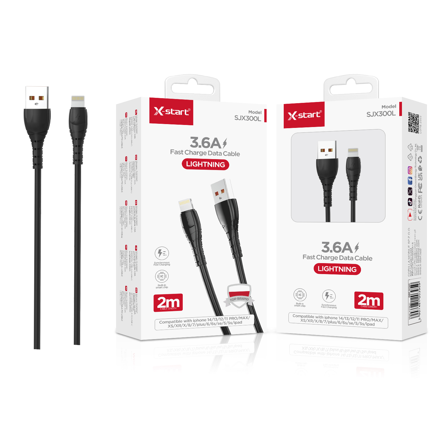 20397 SJX300L 快充数据线Black 3.6A Fast Charging Data Cable, 2M Length, USB-A to Lightning, PVC sheath - Image 1