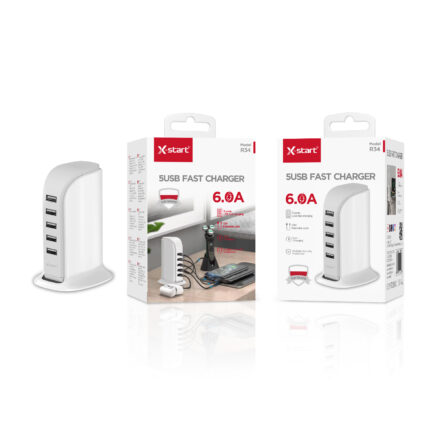 R34  帆船多口桌面充电器White 6.0A Sailboat Multi-Port Desktop Charger, 1.5M Cable, 5xUSB-A, 110V～240V, 50/60Hz, ABS Shell